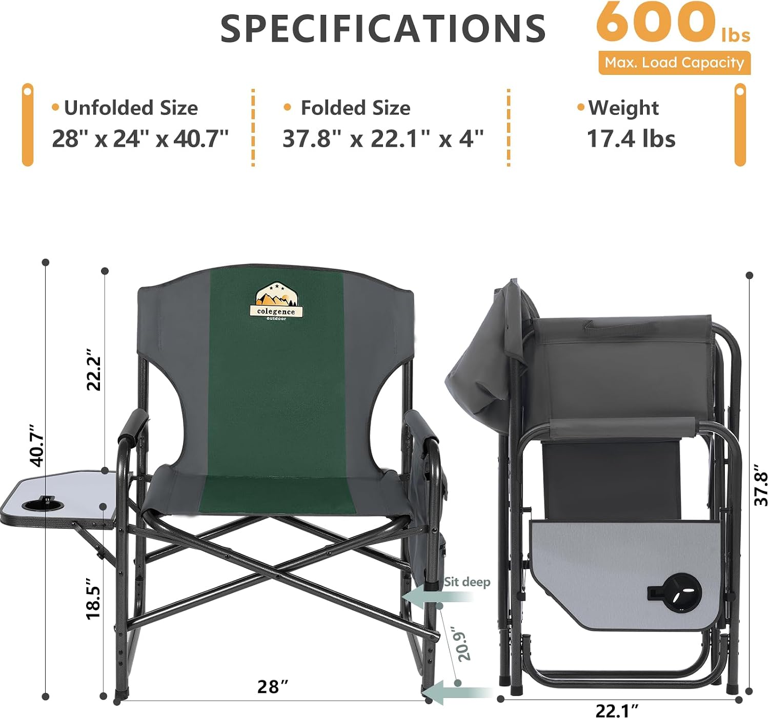 Colegence Oversized Directors Camping Chair for Adults, 600 lb, Black | Heavy duty folding outdoor chair with 28" wide seat, supportive back, side table, cup holder and detachable storage pocket