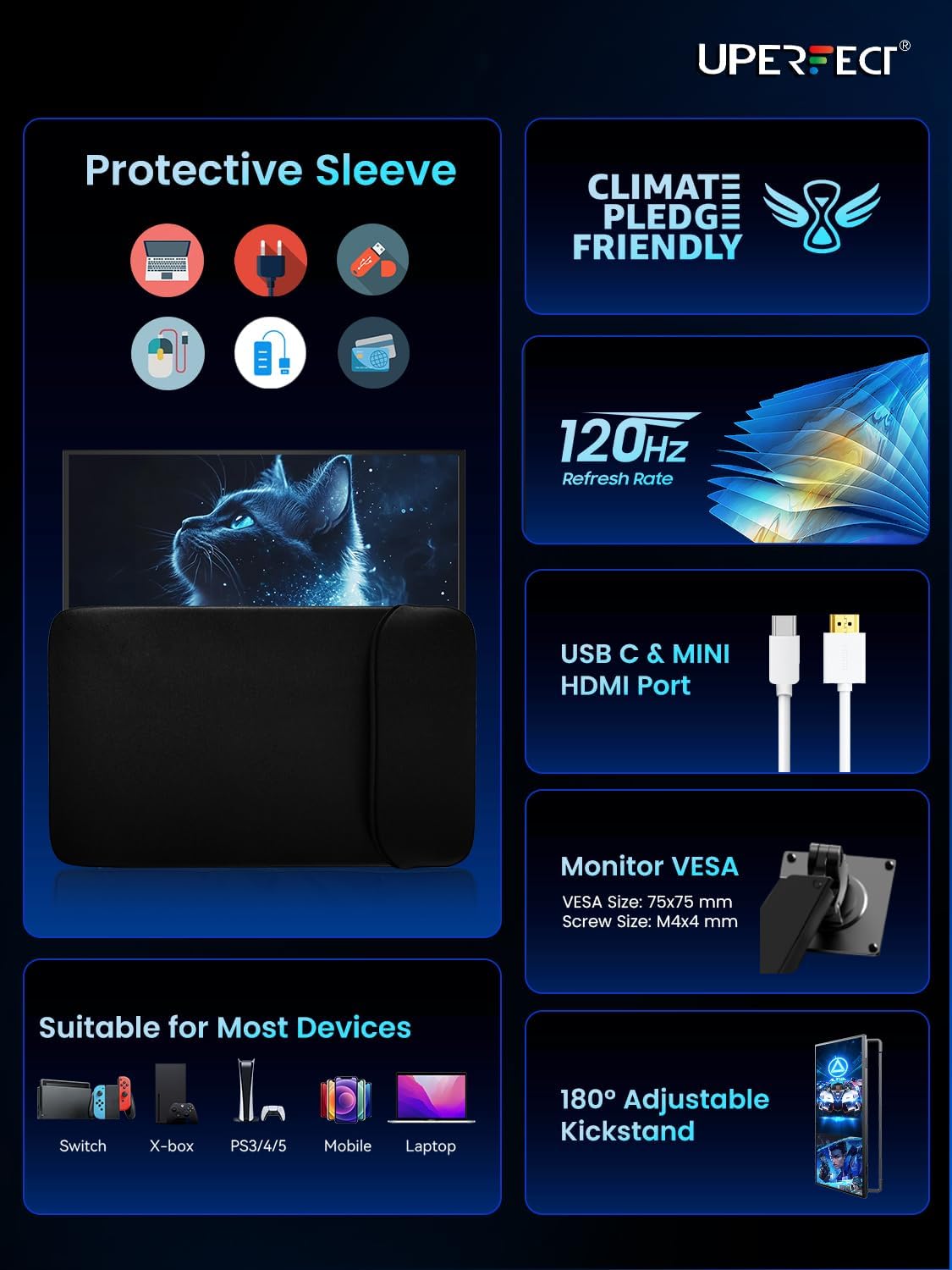UPERFECT 18.5" 120Hz Portable Monitor, 125% sRGB Large Gaming Monitor
