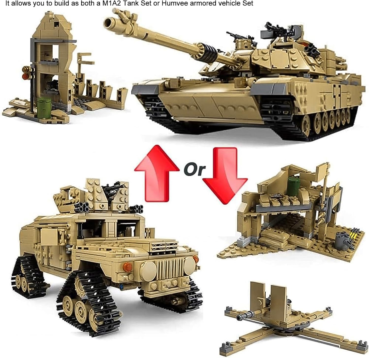 M1A2 Abrams Tank Building Set 1:28 Scale Military Model Kit 2-in-1 Vehicle | Armored Vehicle with Ruin Buildings Soldier Figures Army Blocks Toy Set