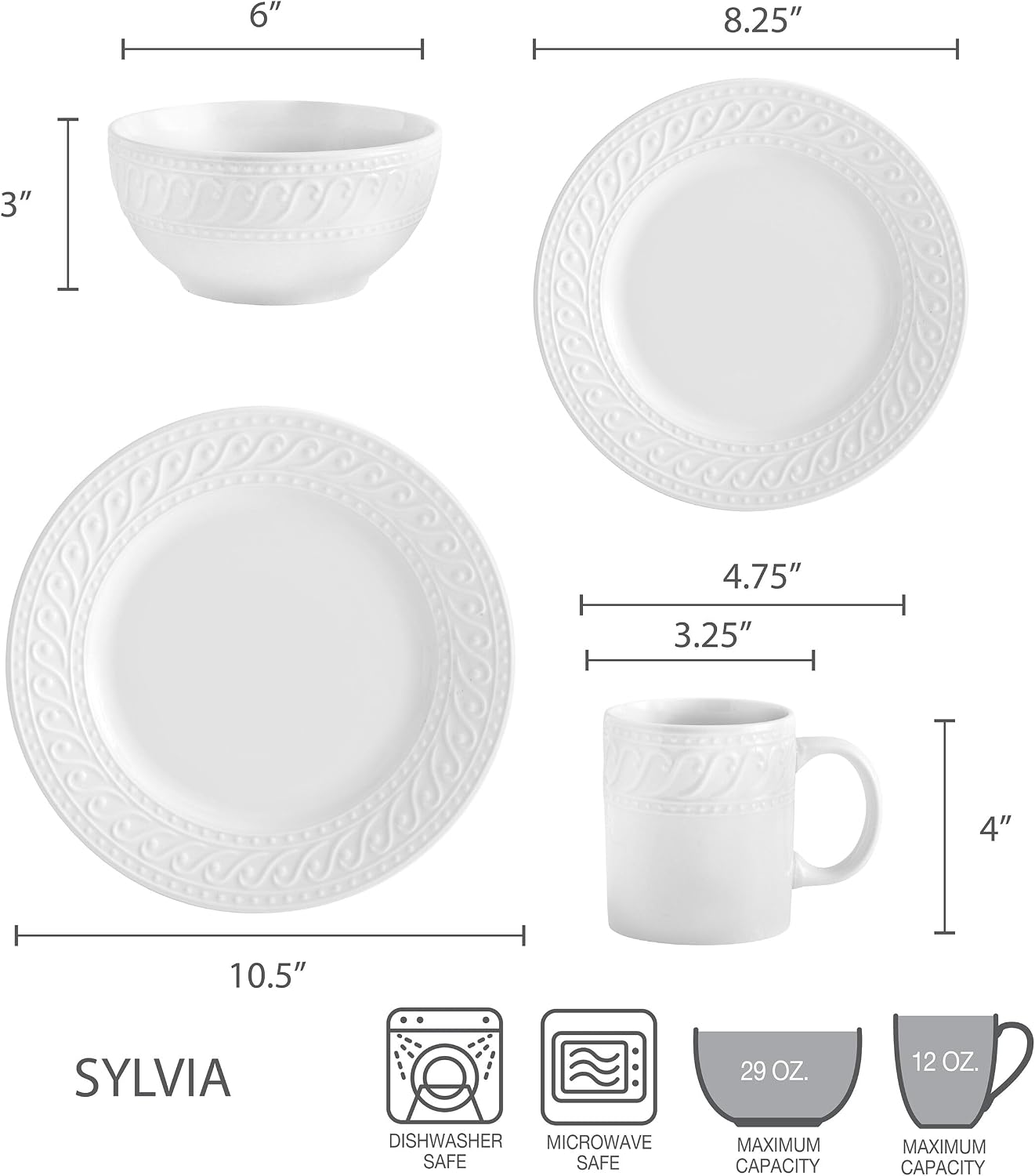 Pfaltzgraff Sylvia Dinnerware Set 32-Piece Service for 8 - White Porcelain Dinner Plates, Salad Plates, Soup Bowls and Mugs with Embossed Scrollwork