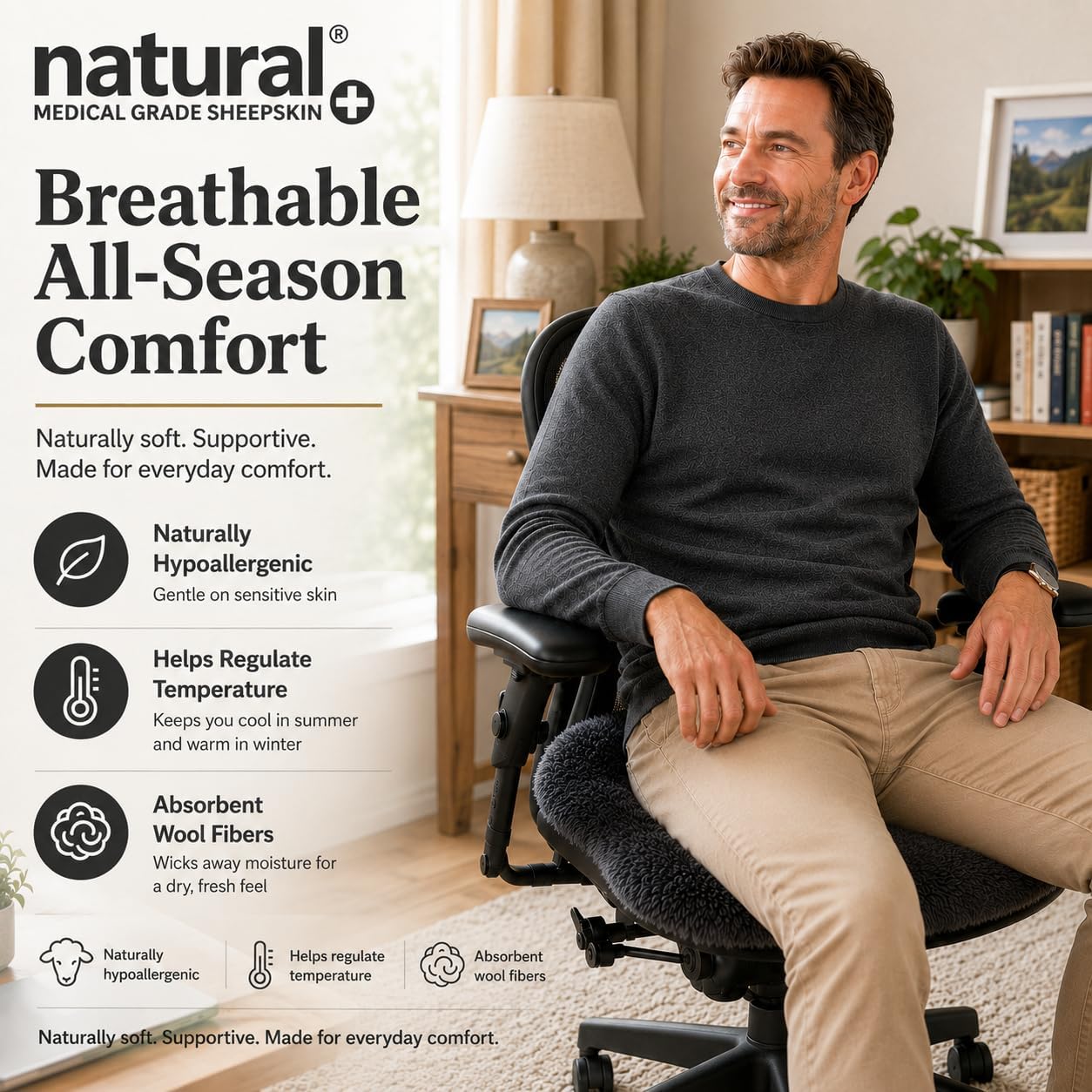 Natural Medical Sheepskin Pad, Non-Slip Back, Natural, 17 x 17 in, 1 Pack