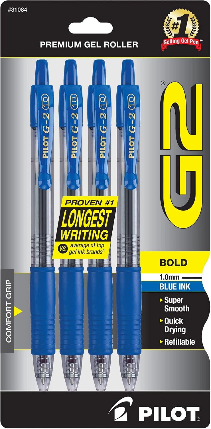 PILOT G2 Premium Rolling Ball Gel Pens, 1.0 mm, Black Ink, 4-Pack