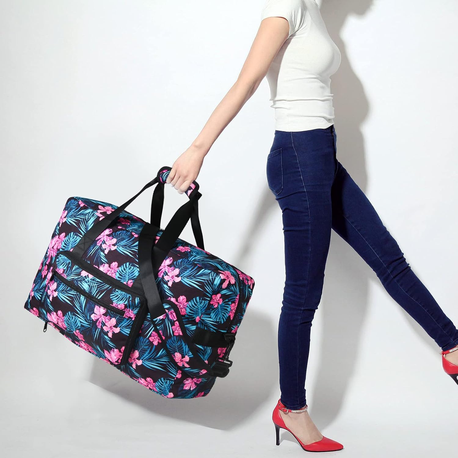 Travel Foldable Waterproof Duffel Bag - Lightweight Carry on Luggage Tote Duffel Bag(Black Floral)