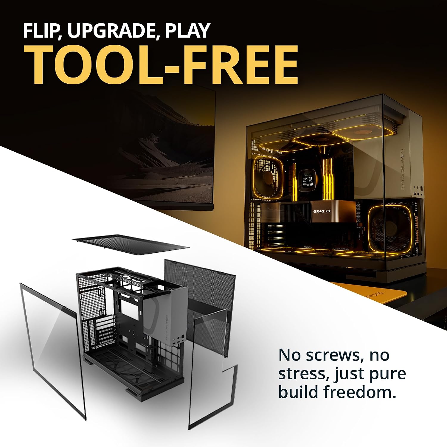 Geometric Future M5 Tempered Glass Mid Tower, E-ATX/ATX Gaming Case, 1.2mm Steel, Type C, Toolless Panels, Support 420/360 Radiator, ARGB PWM 140m Fan x 5 Pre-Installed, Black/Yellow, GEO-M5F-BY