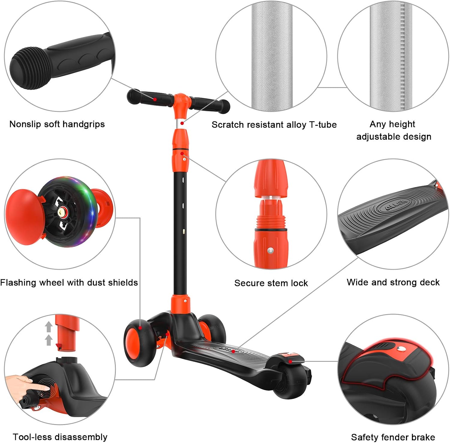 Allek Kick Scooter B03, Lean 'N Glide 3-Wheeled Push Scooter with Extra Wide PU Light-Up Wheels