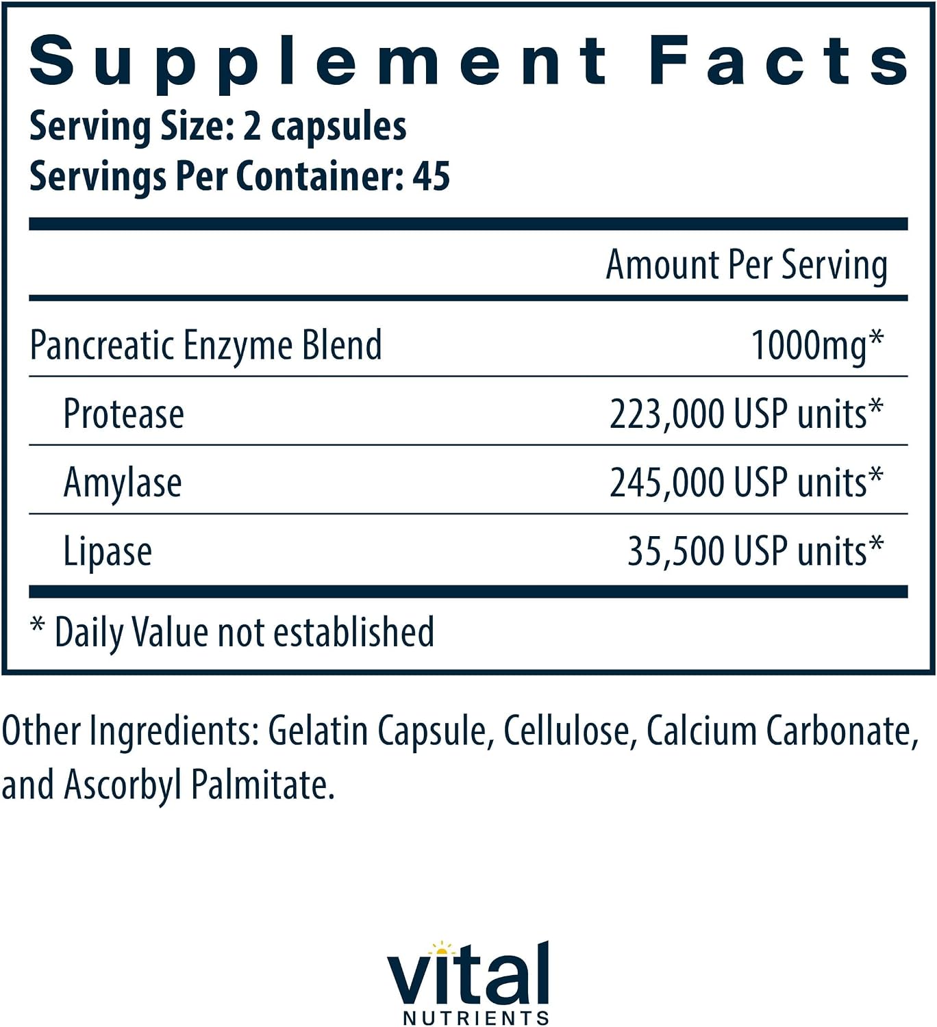 Vital Nutrients Pancreatic Enzymes 1000mg (Full Strength) - Pancreatin Digestion Supplement with Protease, Amylase & Lipase - Digestive Enzymes - Gluten, Dairy, and Soy Free - 90 Capsules