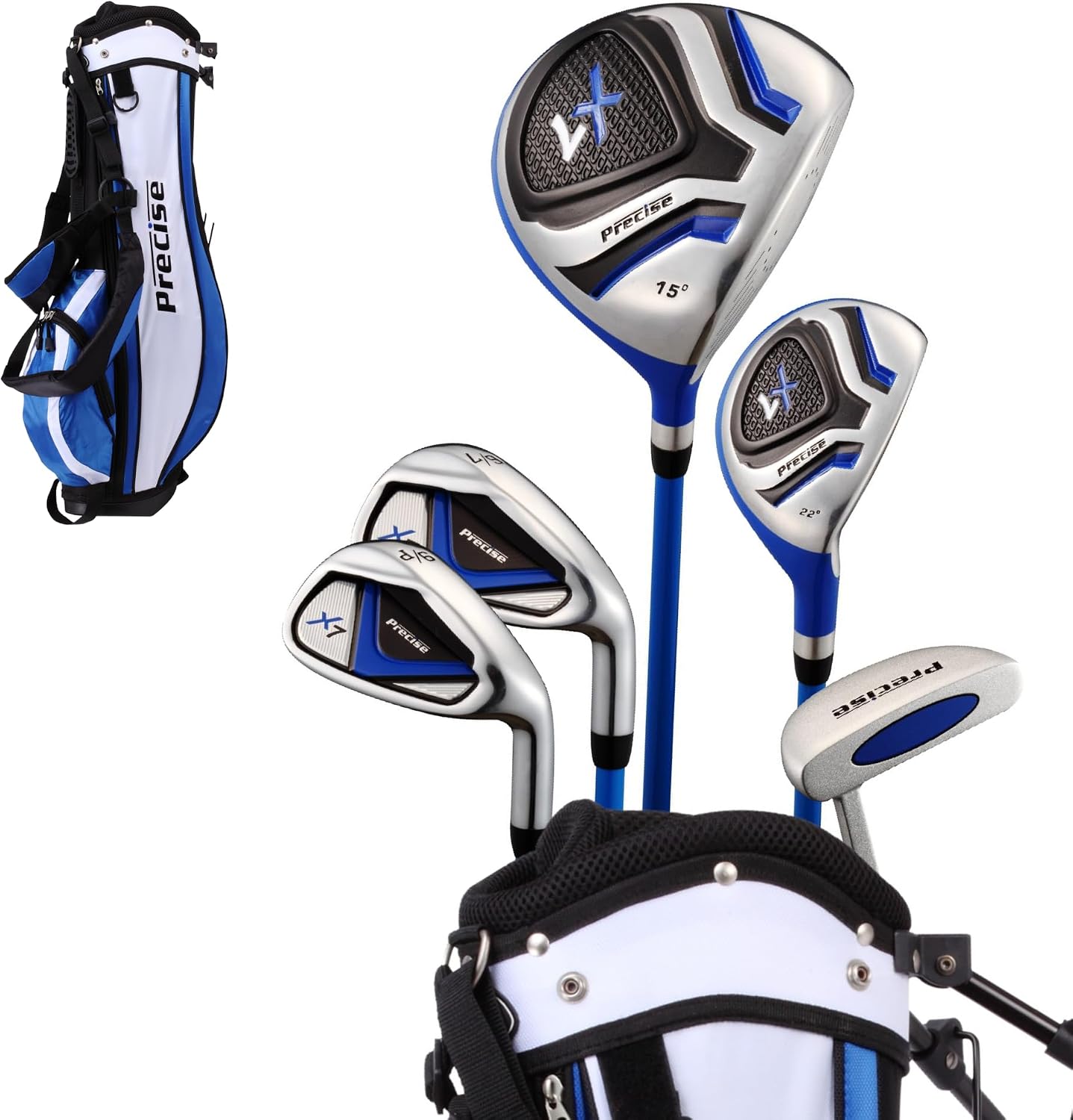 Precise - Kids Golf Club Set | Lightweight graphite shafts, hybrid & irons, putter, stand bag included, for boys and girls, ages 3-12, left/right hand