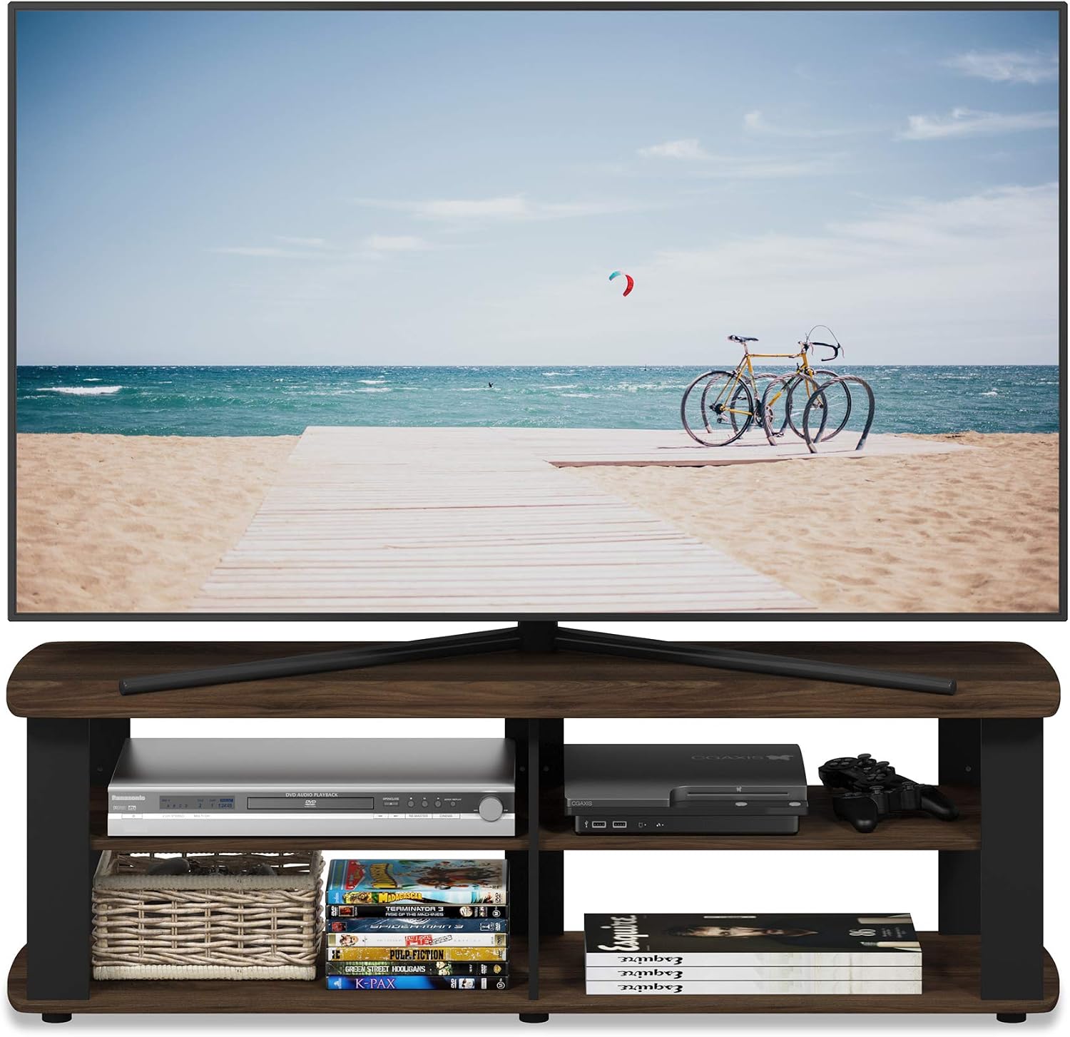 Furinno Nelly TV Stand, 3-Tier Entertainment Center with Open Shelves Storage, TV Console for TV up to 55 Inch, Soft Edges, for Living Room, Bedroom, Black