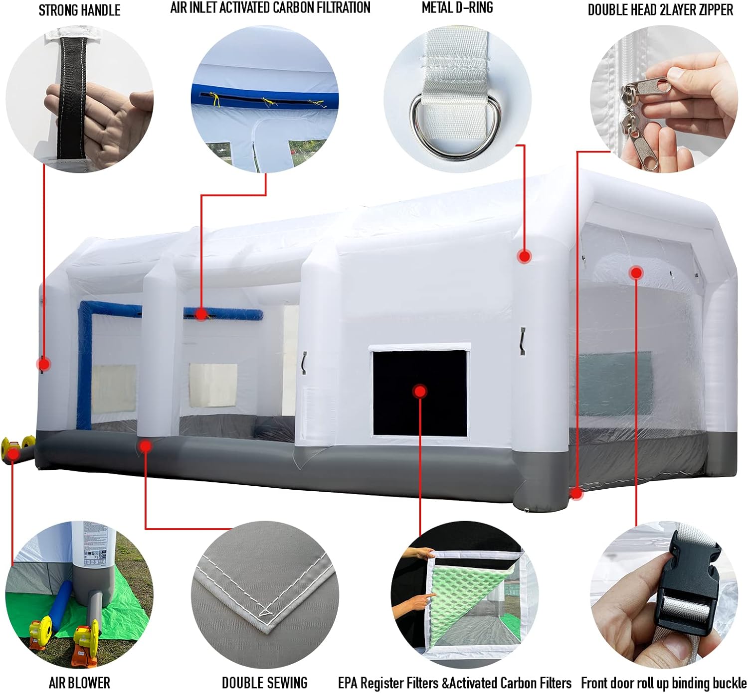 GORILLASPRO Inflatable Paint Booth 26x15x10Ft, Inflatable Spray Booth with (750W + 950W) Blowers, Upgrade Air Filter System Environment Friendly