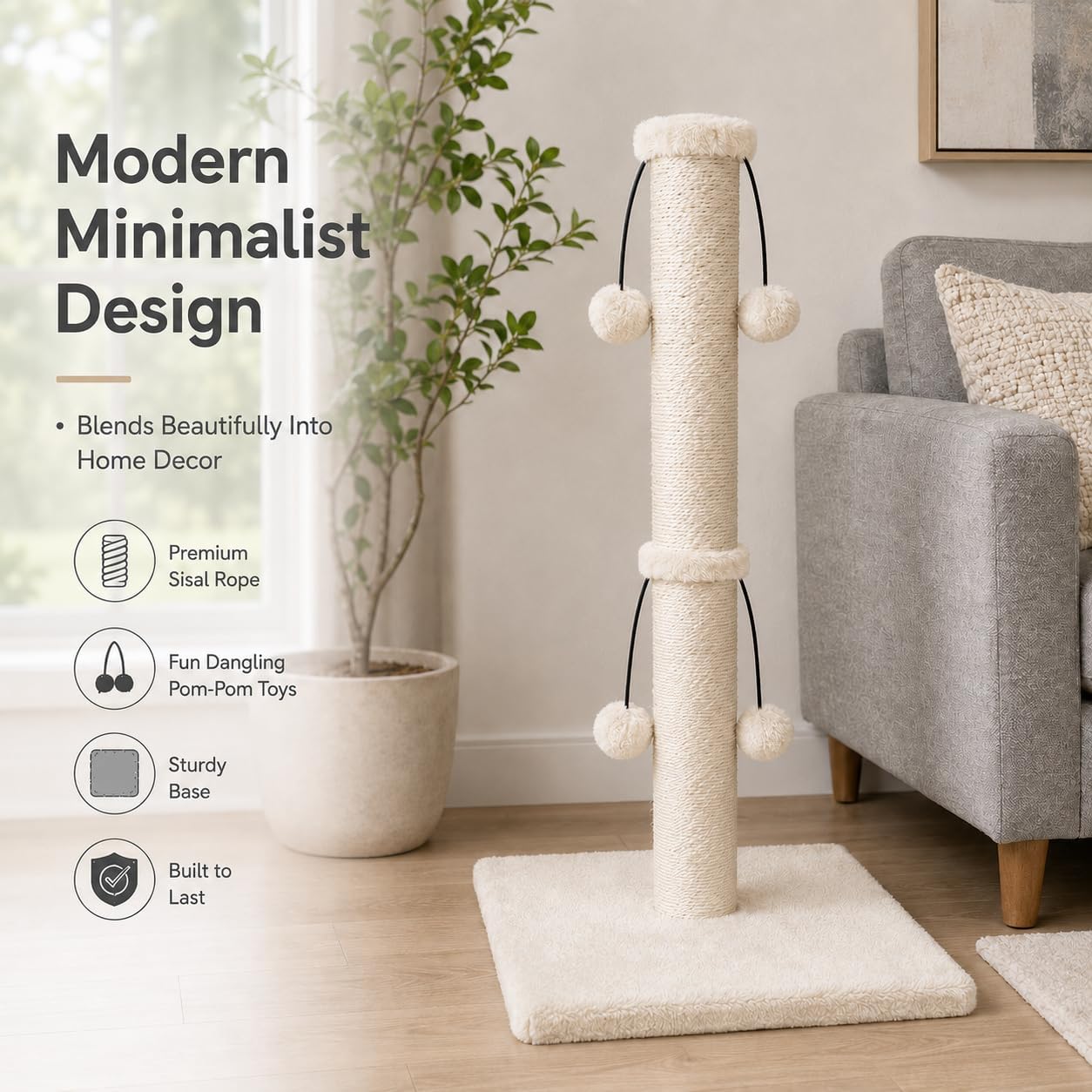 Dimaka 29'' Cat Scratching Post, Natural Sisal Rope Scratcher Post, Kitten Claw Scratch with 4 DanglingToy Balls for Large Cats (Grey)