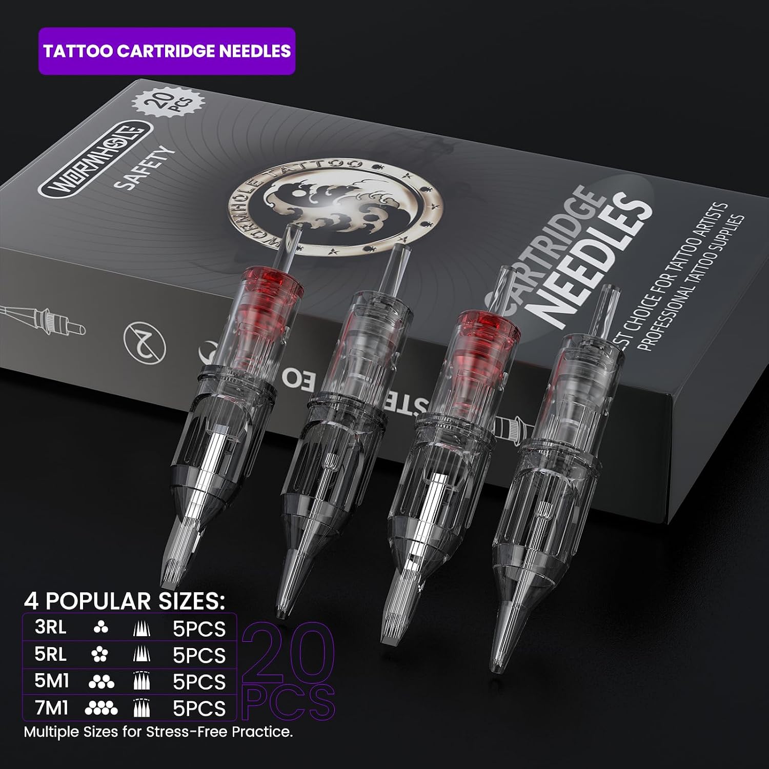 Wormhole Tattoo Kit for Beginners, Rotary Tattoo Pen Kit with 20 Color Inks, 20 Cartridge Needles & Power Supply for Tattoo Practice WTK090