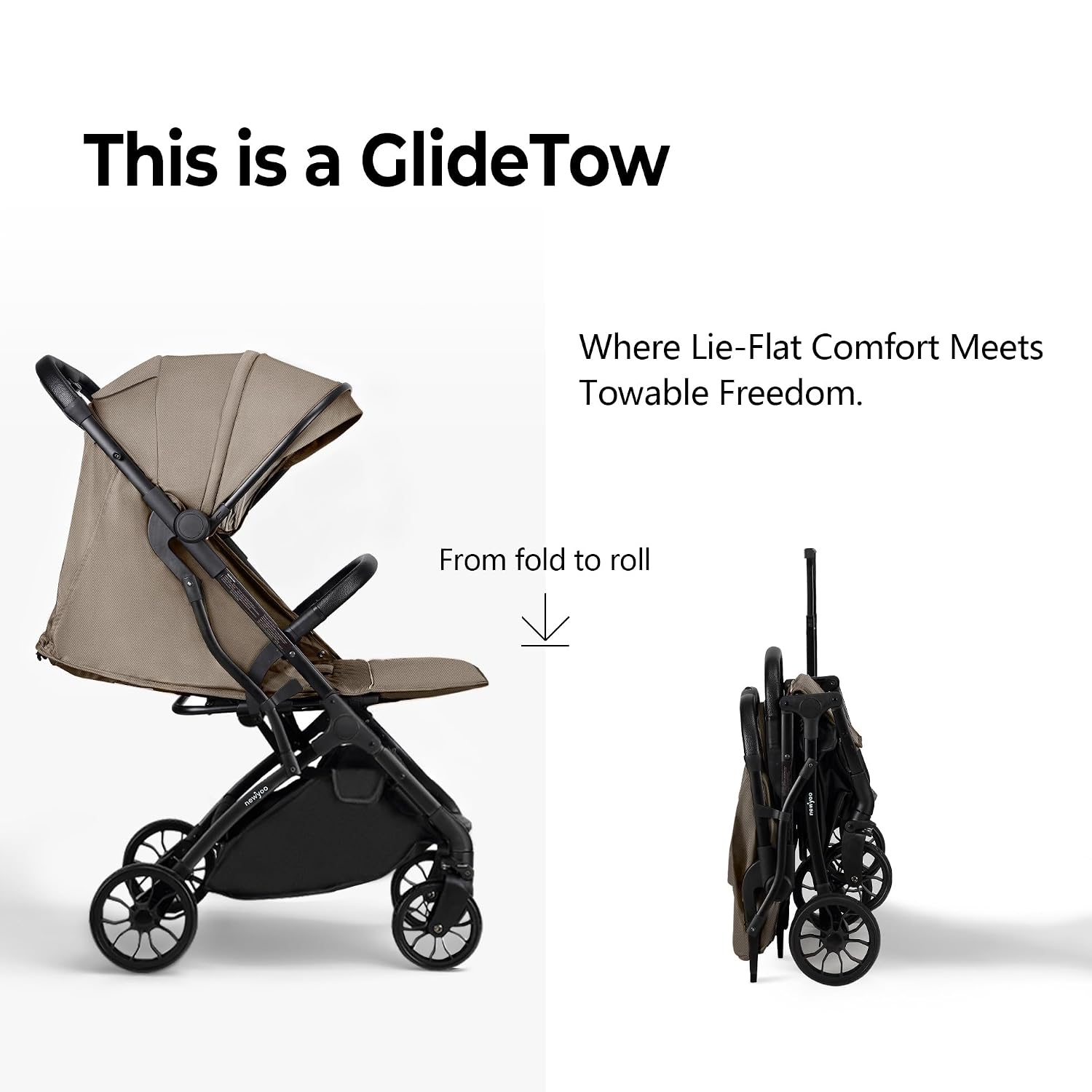 newyoo GlideTow TR18 Travel Stroller, Compact & Lightweight, Muted Olive | Newborn to toddler, foldable, self-standing design, 175° near-flat recline, large mesh window, trolley mode & UPF 50+ canopy