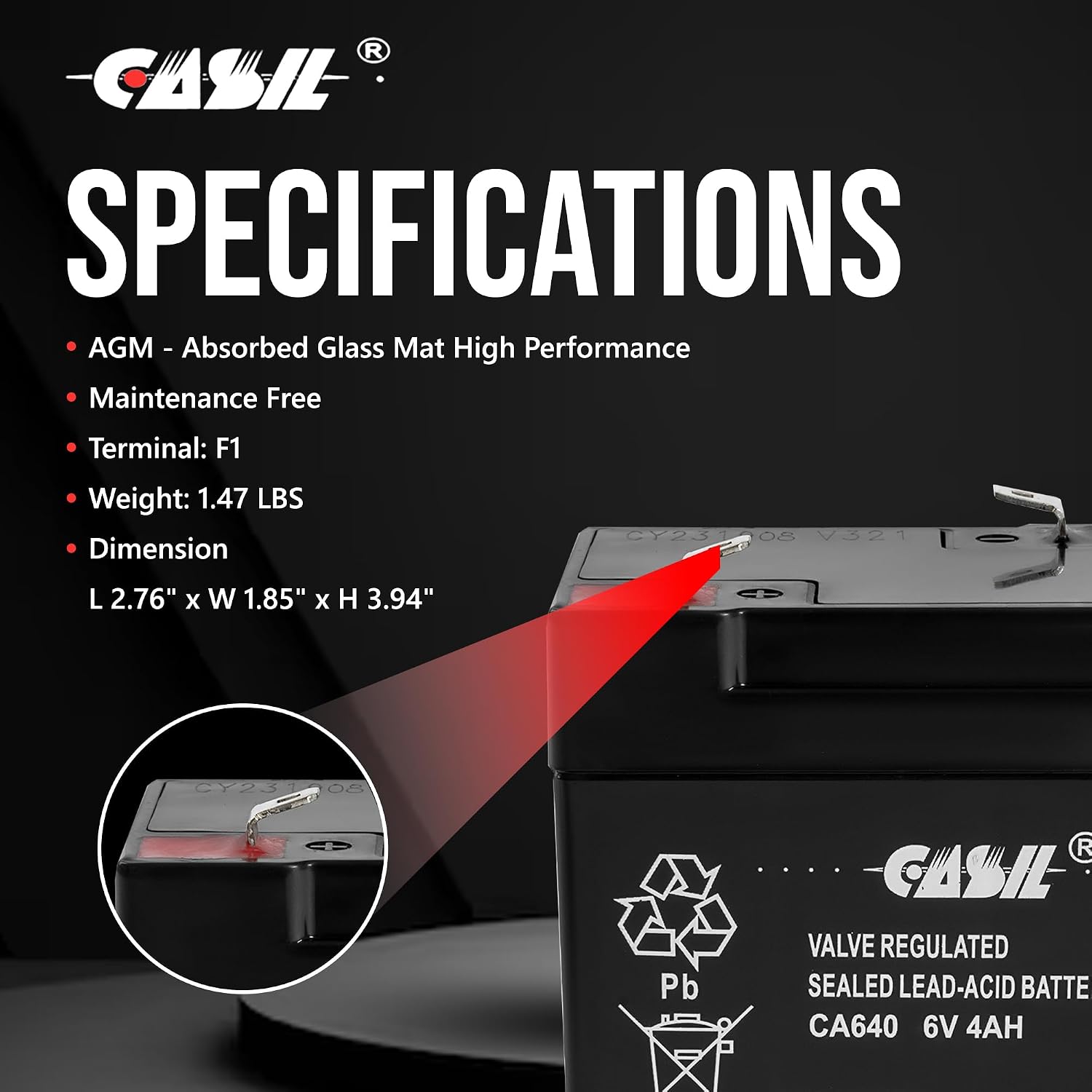 Casil 6V 4Ah SLA Battery – Rechargeable Sealed Lead Acid AGM – F1 Terminal – Replacement for Power Wheels, Deer Feeders, Emergency Lights