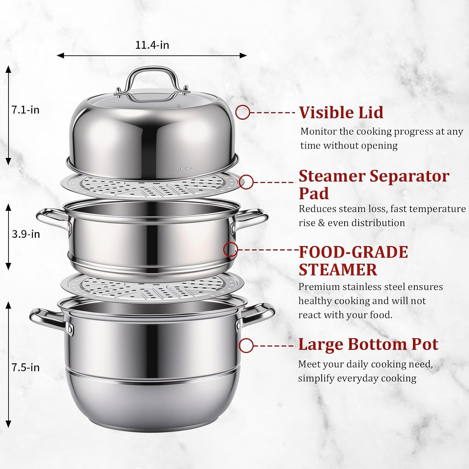 3-Tier 24 Qt Stainless Steel Steamer Pot with Glass Lid – Multi-Layer Stackable Cookware for Tamales