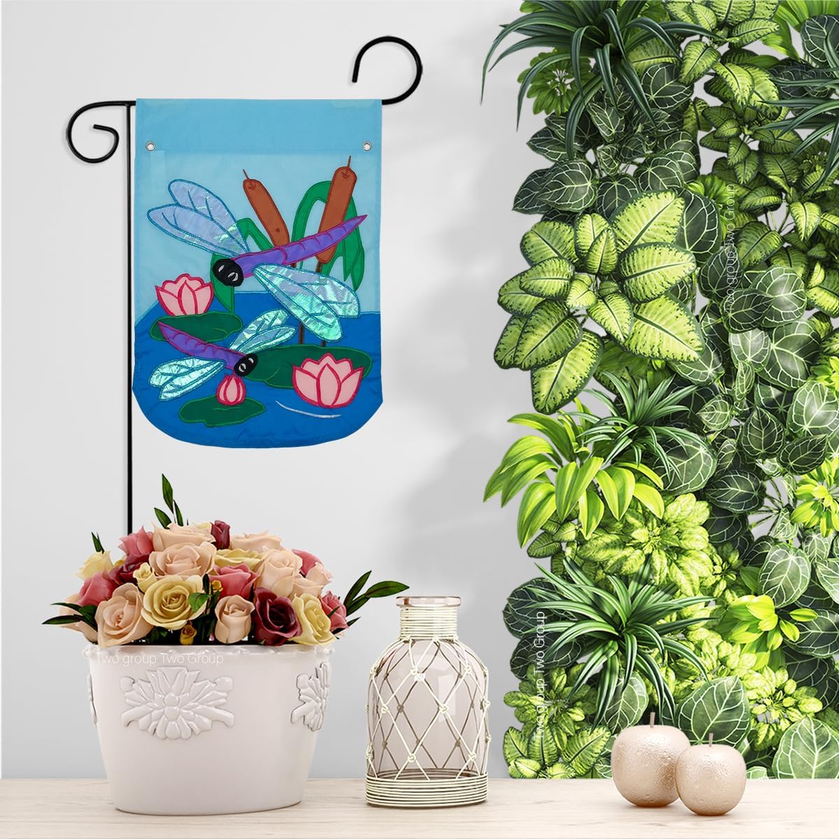 Two Group G154046-P2 Dragonfly Garden Friends Bugs & Frogs Applique Decorative Vertical 13" x 18.5" Double Sided Flag