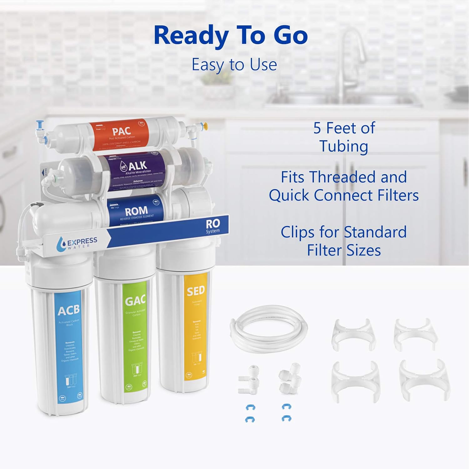 Express Water ROALK5D, 10-Stage Under Sink RO System, Alkaline, 50 GPD | NSF Certified 372, Deluxe Chrome Facuet, Reduces 99% of Impurities, BPA Free, Leak Detection