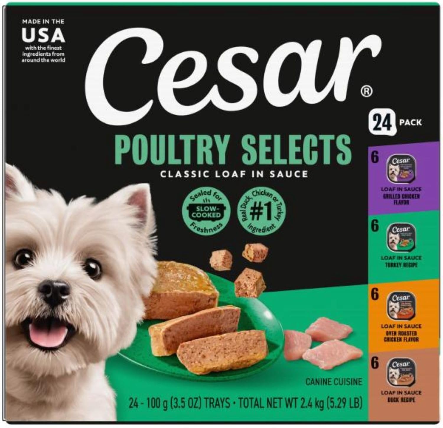 Cesar Classic Loaf Wet Dog Food, Meaty Selects, 3.5 oz, 12 Count, 2-Pack | Made in USA, Filet Mignon & Porterhouse Steak flavors, real beef #1 ingredient, no artificial flavors, easy peel trays