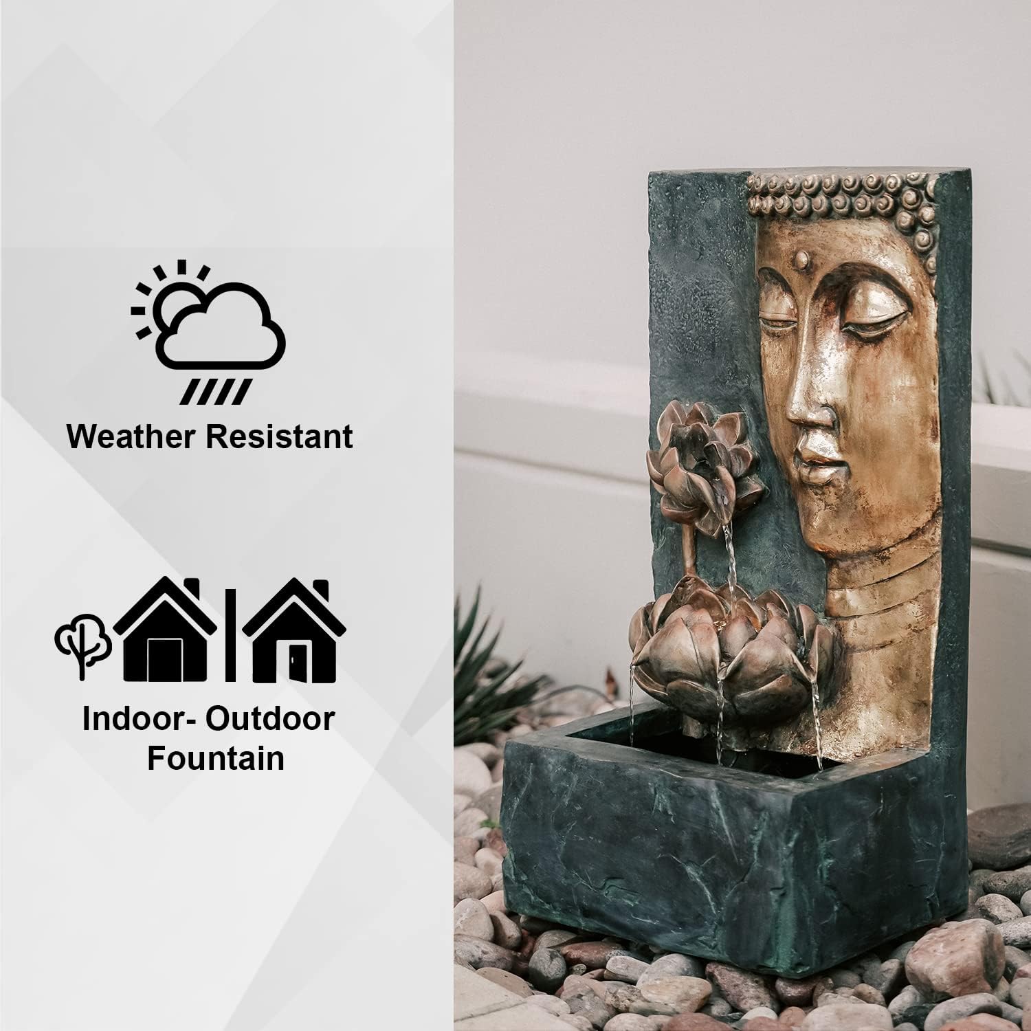 XBrand 30" H Zen Buddha Face Water Fountain w/LED Light & Pump, Indoor/Outdoor Freestanding, Relaxing Zen Décor