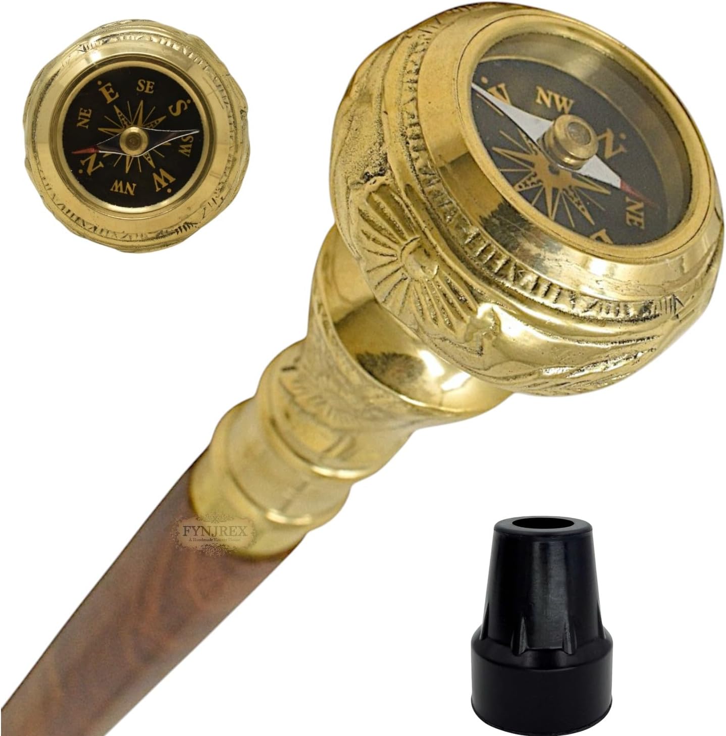 FYNJREX Travelers Compass Gentleman's Walking Stick, Fancy Cane for Women, Brass Handle and Hardwood Cane, Fold able Wooden Canes, Gift Idea