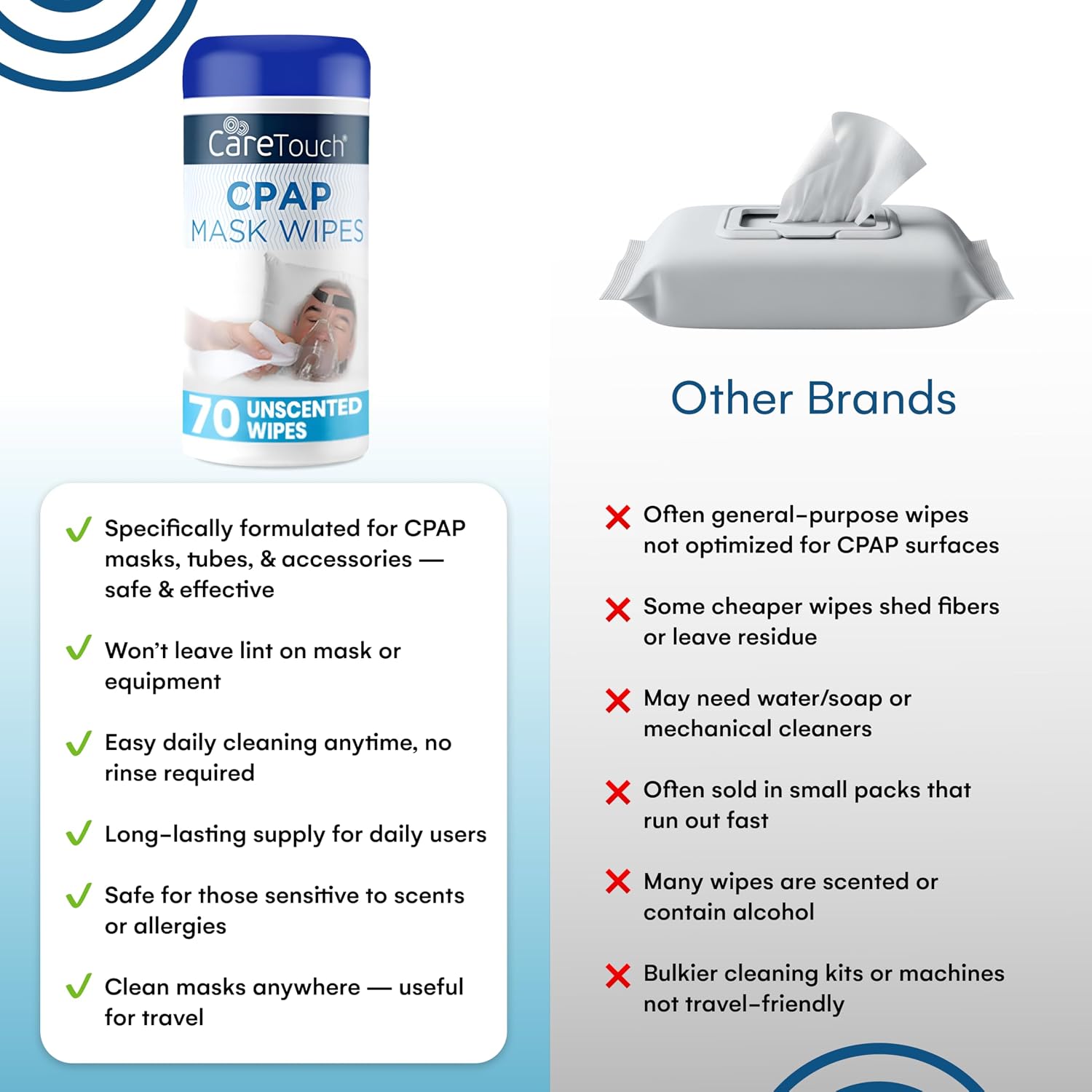 Care Touch CPAP Wipes - Unscented | CPAP Cleaner | 3 Packs of 70 Unscented Mask Cleaning Wipes - 210 Total