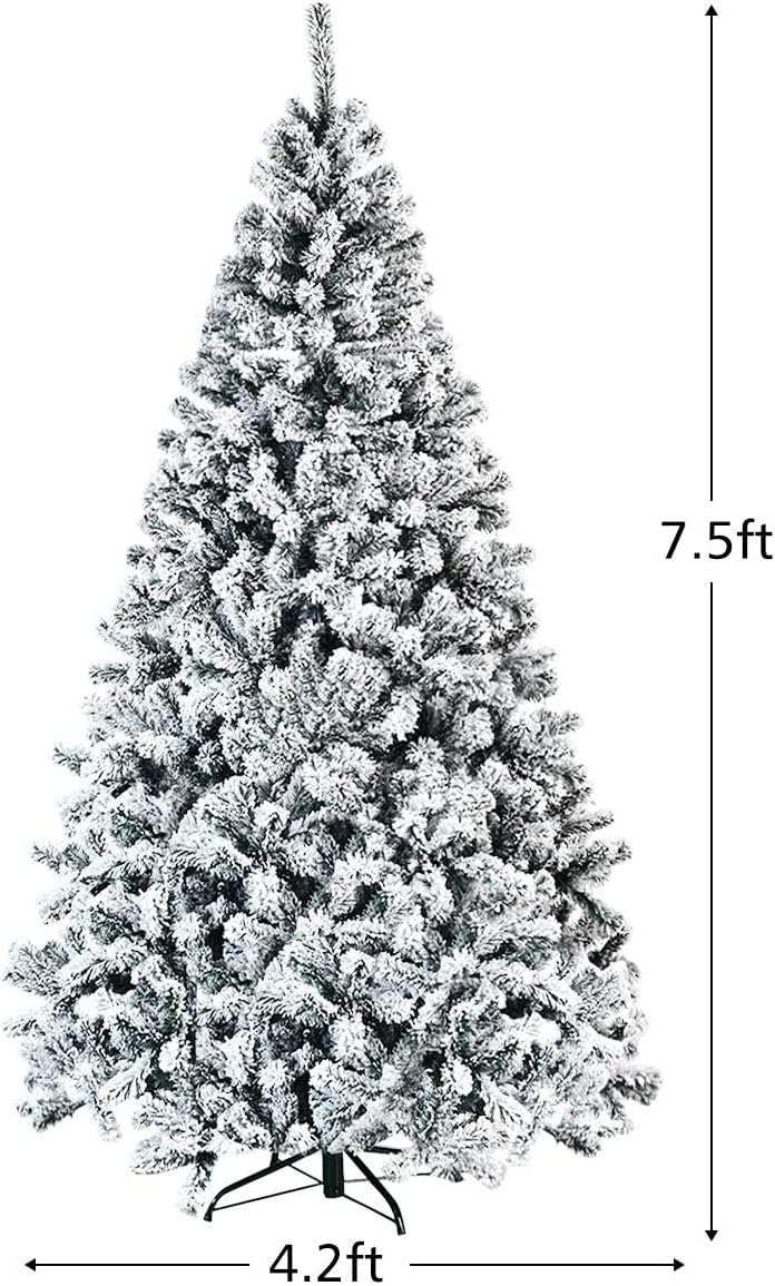 ReunionG 7.5FT Snow Christmas Tree, Artificial Flocked Hinged Pine Tree, Holiday Decoration Tree with Premium PVC Needles and Solid Metal Stand