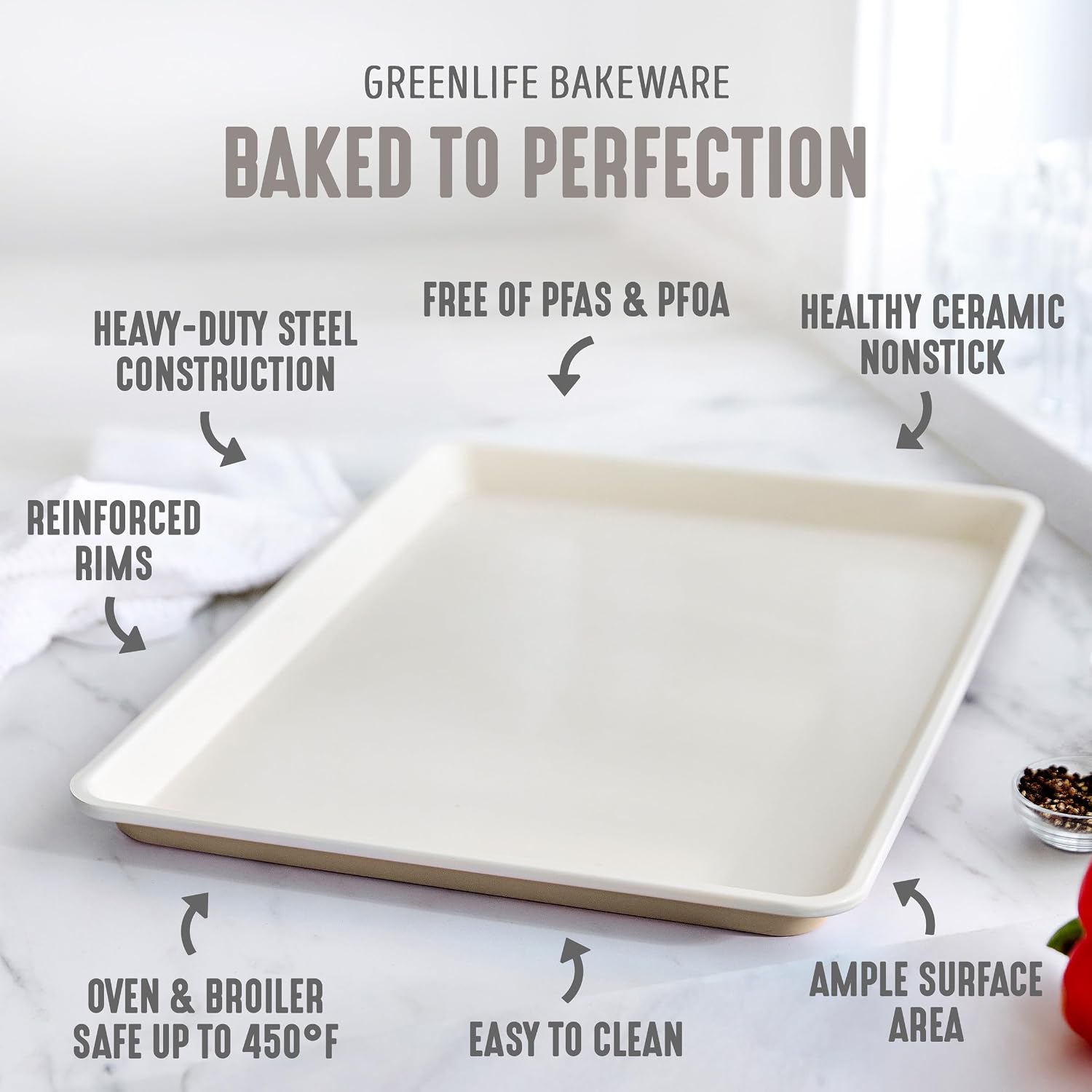 GreenLife 13" x 9" Quarter Sheet Baking Pans, 2 Piece Bakeware Set, PFAS-Free Ceramic Nonstick Rectangular Cookie Trays, Oven Safe to 450°F