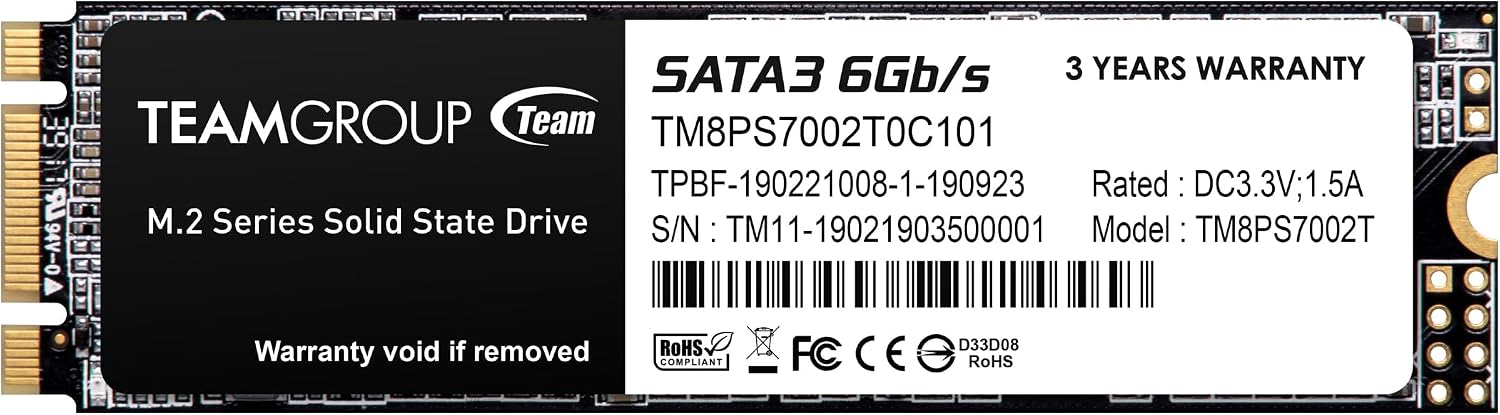 TEAMGROUP MS30 1TB with SLC Cache 3D NAND TLC M.2 2280 SATA III 6Gb/s Internal Solid State Drive SSD (Read/Write Speed up to 530/480 MB/s) Compatible with Laptop & PC Desktop TM8PS7001T0C101