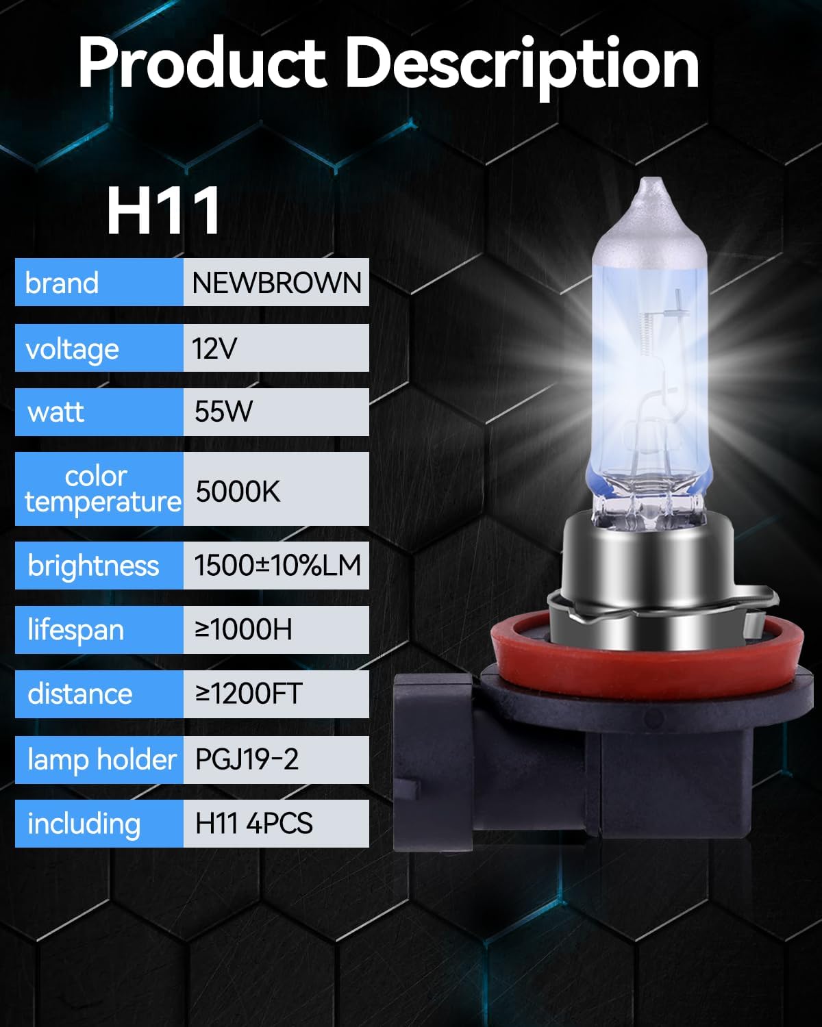 NEWBROWN H11 Headlight Bulb Halogen 5000K Super White Light Long Life Replacement PGJ19-2 12V/55W (H11, 2 Pack)