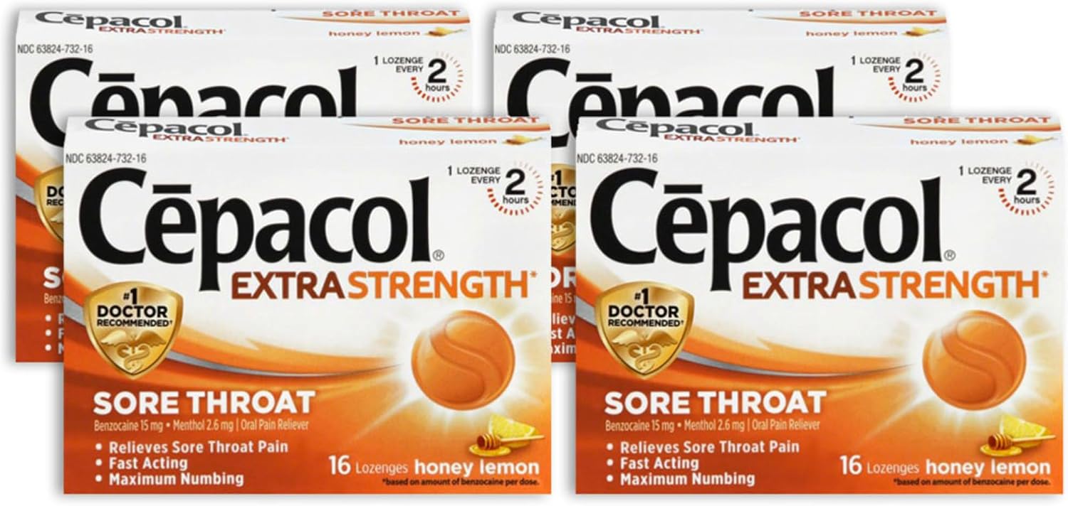Cepacol Extra Strength Sore Throat & Cough Relief Lozenges, 16 Count, Mixed Berry Flavor, Maximum Numbing, Fast Acting Relieves Sore Throat Pain, and Quiets Cough (Pack of 4)