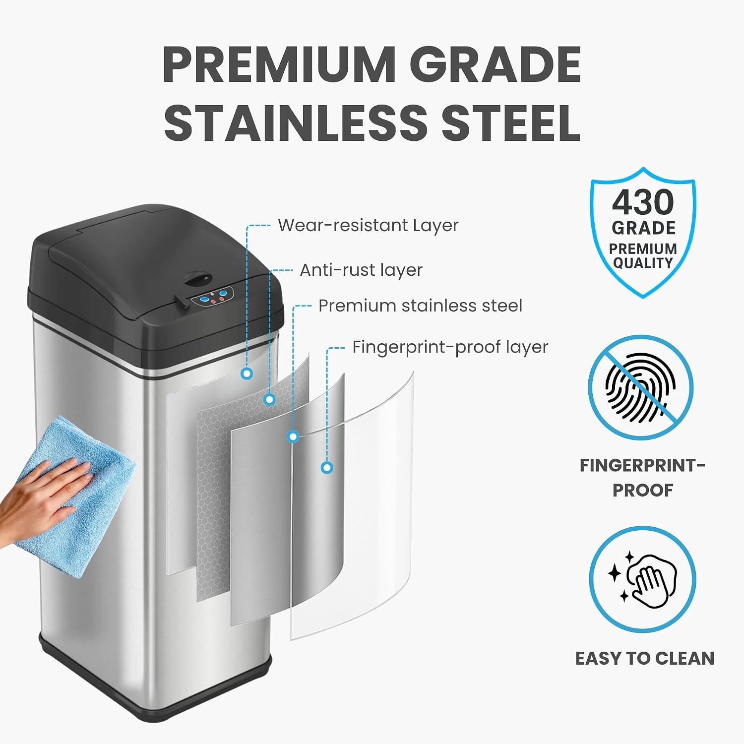 iTouchless 50 Liter / 13 Gallon Kitchen Trash Can with Lid & Deodorizer – Motion Sensor Semi-Round Stainless Steel Garbage Bin for Home, Office, or Garage – Slim, Wide Opening Large Capacity Design