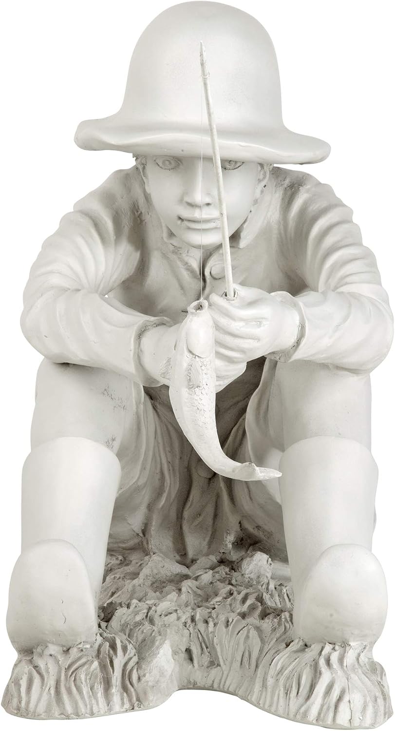 Design Toscano Frederic the Little Fisherman of Avignon Boy Fishing Garden Statue, 15 Inch Tall, Cast Stone Resin, Two Tone Stone Finish