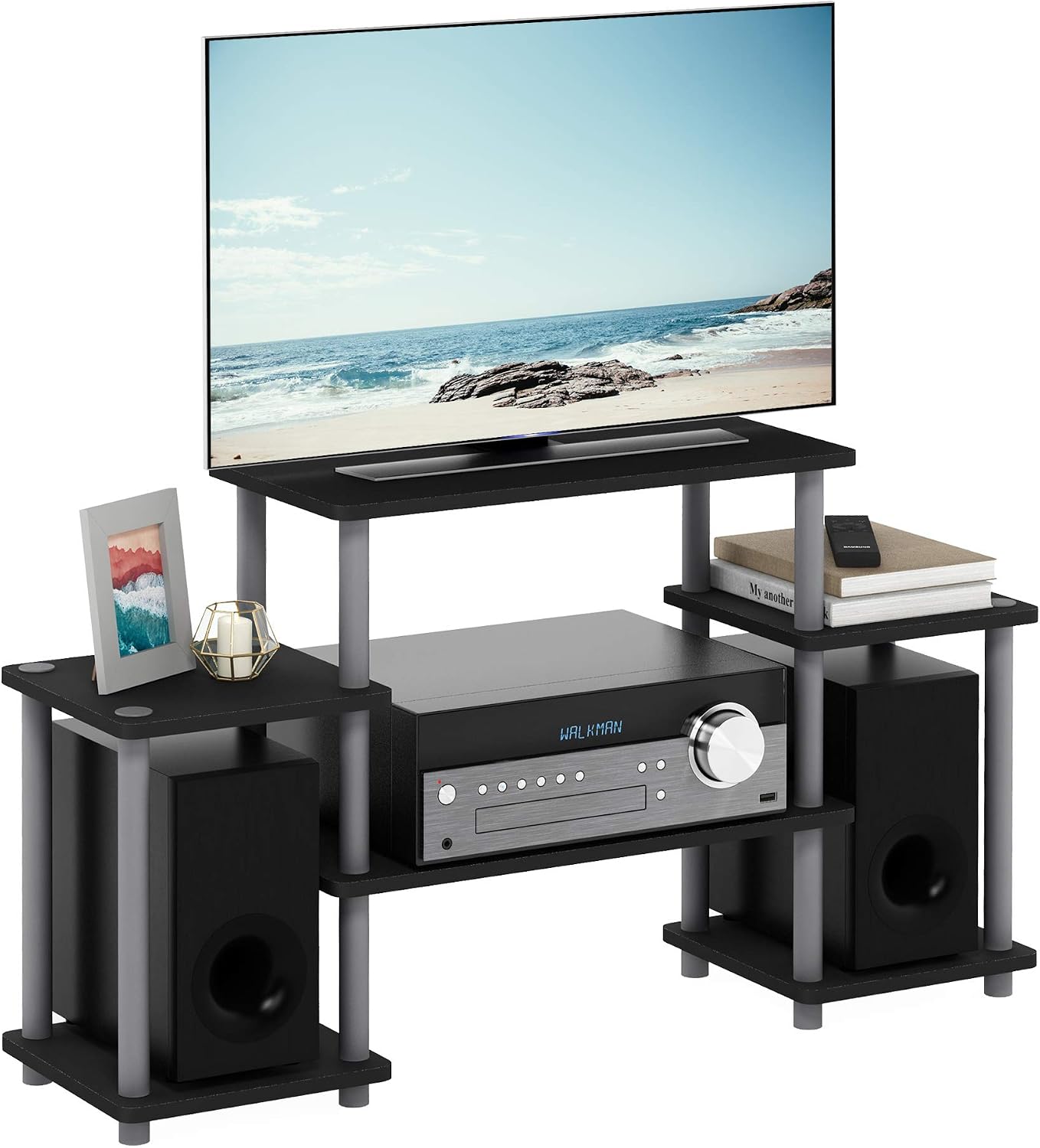 Furinno Turn-N-Tube No Tools Entertainment Center, Round Square Corner, French Oak Grey/Black | Raised Top, Open Shelves TV Console with for TV up to 32 Inch, for Living Room, Bedroom