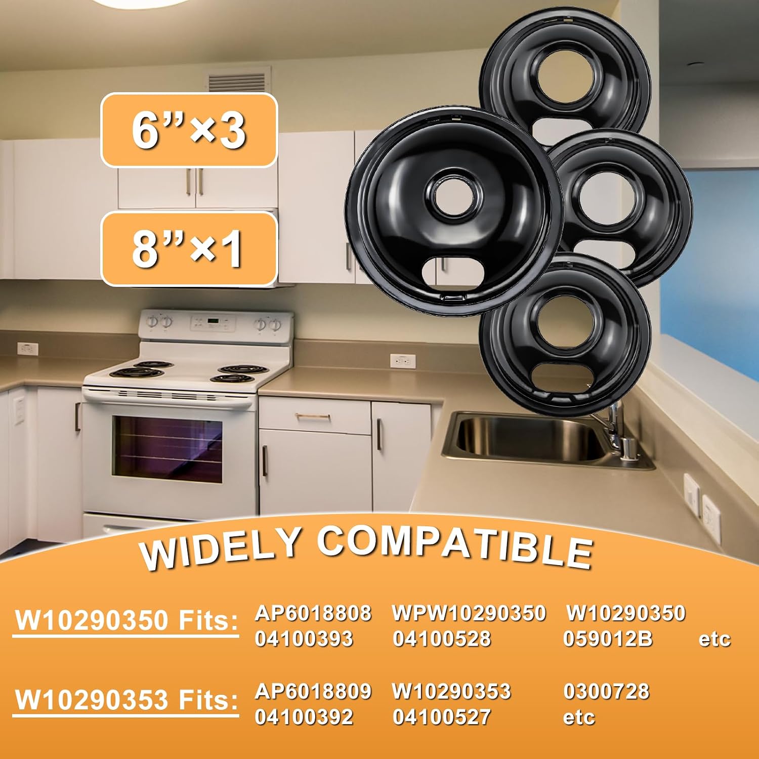 W10290350 W10290353 Porcelain Burner Drip Pans Compatible with Whirl-pool Electric Stove Range Top Drip Bowls Includes 1 Large 8-Inch and 3 Small