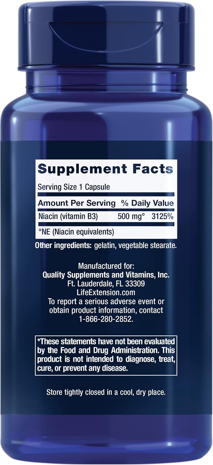 Life Extension Vitamin B3 Niacin, Heart Health, Cholesterol & Energy Support, Gluten-Free, Non-GMO, 100 Capsules | Supports Heart Health