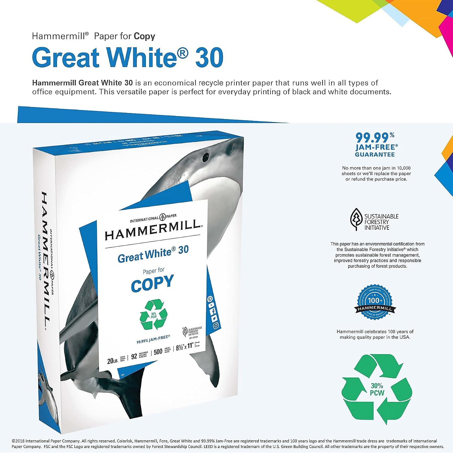 Hammermill Printer Paper, Great White 30% Recycled Paper, 8.5 x 11-1 Ream (500 Sheets) - 92 Bright, Made in the USA, 086710