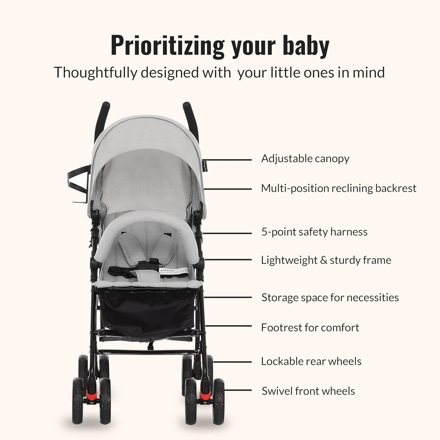 Dream On Me Vista Moonwalk Baby Stroller in Light Gray, Lightweight Infant Stroller with Compact Fold