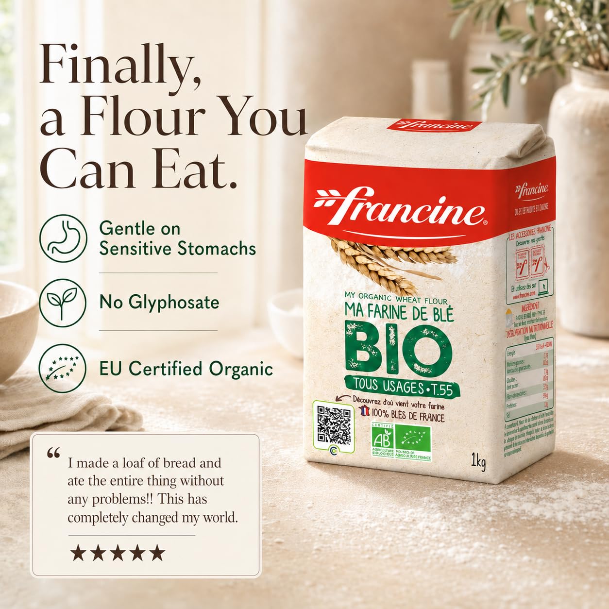 Francine Organic T55 All-Purpose French Flour, EU Certified, 2.2lb (2-Pack)