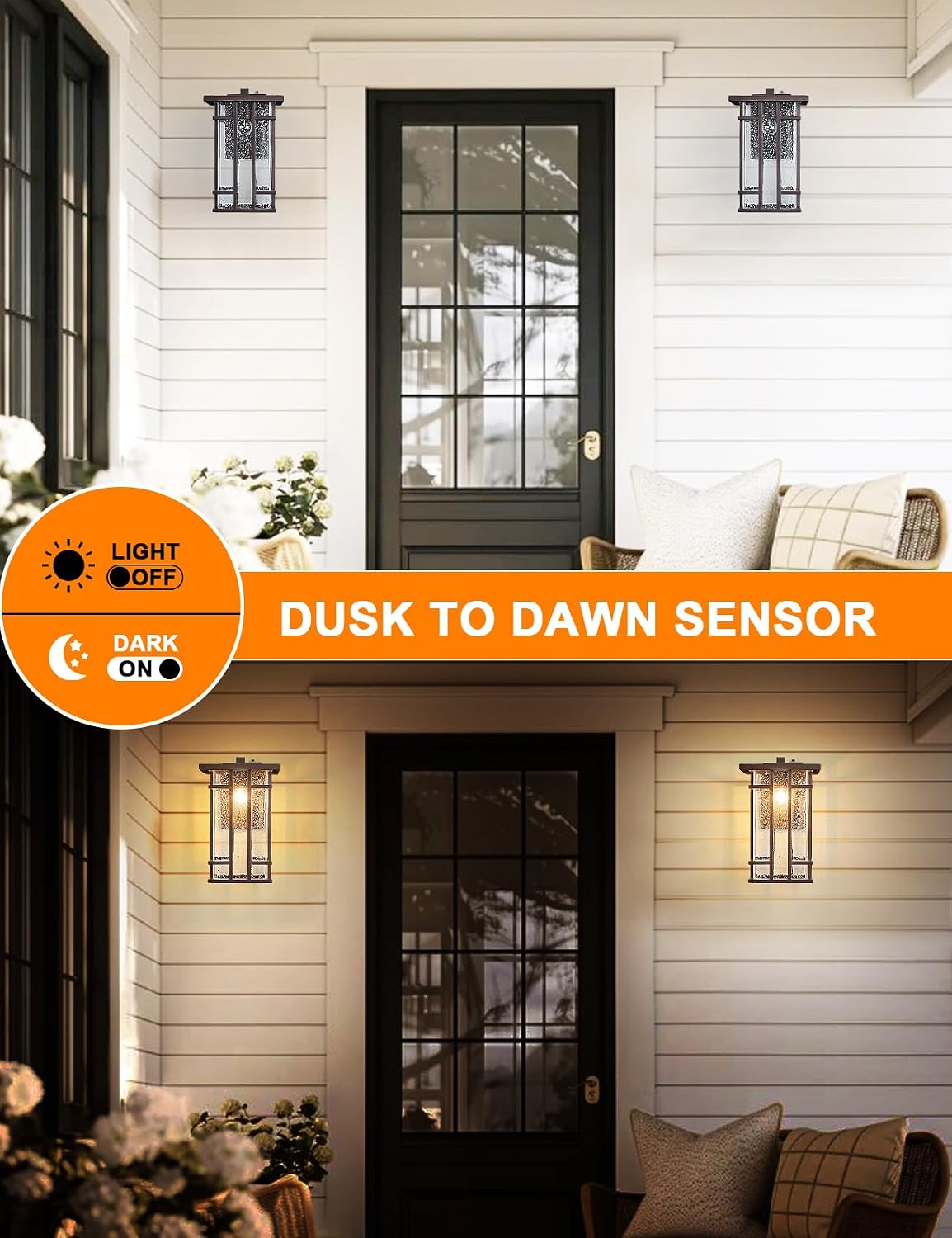 Rustic Dusk to Dawn Outdoor Wall Light Fixture 13.8"H Waterproof Exterior Wall Sconces Black Metal with Seeded Glass Sensor Outdoor Wall Lantern for