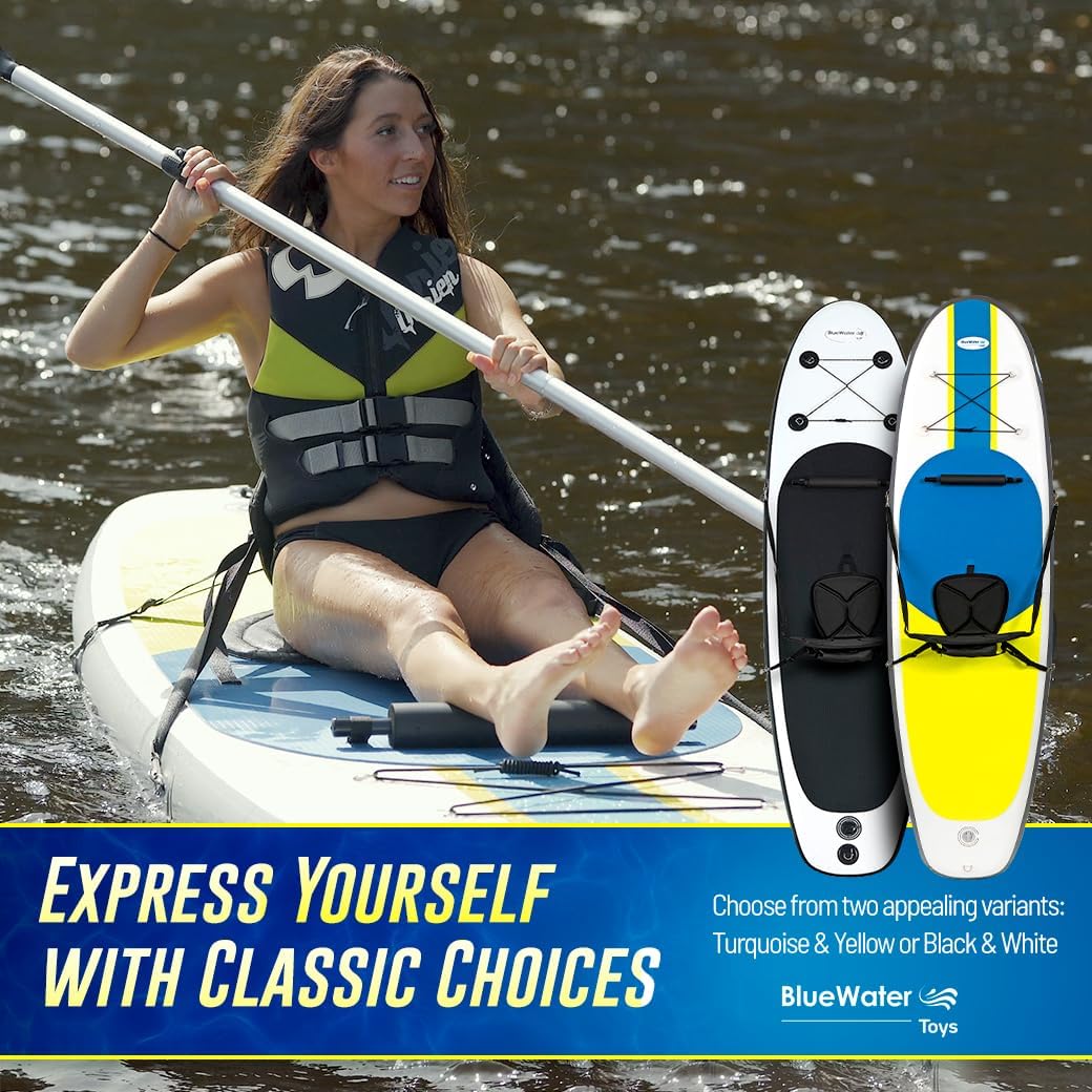 Blue Water Toys Inflatable Crossover Stand Up Paddle Board/Kayak Kit - Pump, Backpack, Coil Leash, Paddles, Detachable Seat, SUP 300 Pound Limit