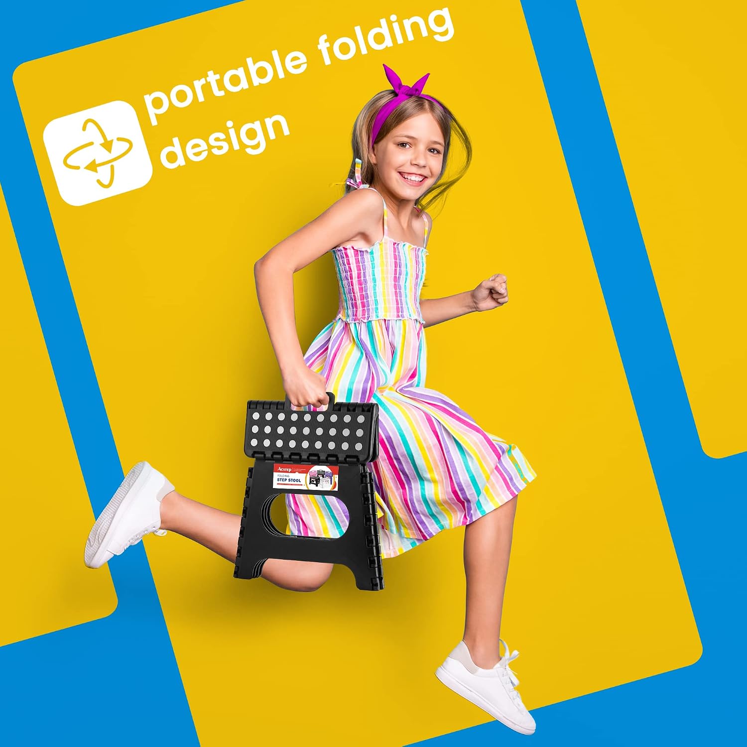 11 Inch Folding Step Stool for Kids, Non-Slip Foldable Stools, Black | Heavy Duty Collapsible Foot Stool, Lightweight with Built-in Handle, Holds 300 lb for Adults Kitchen Bathroom Bedroom Outdoor