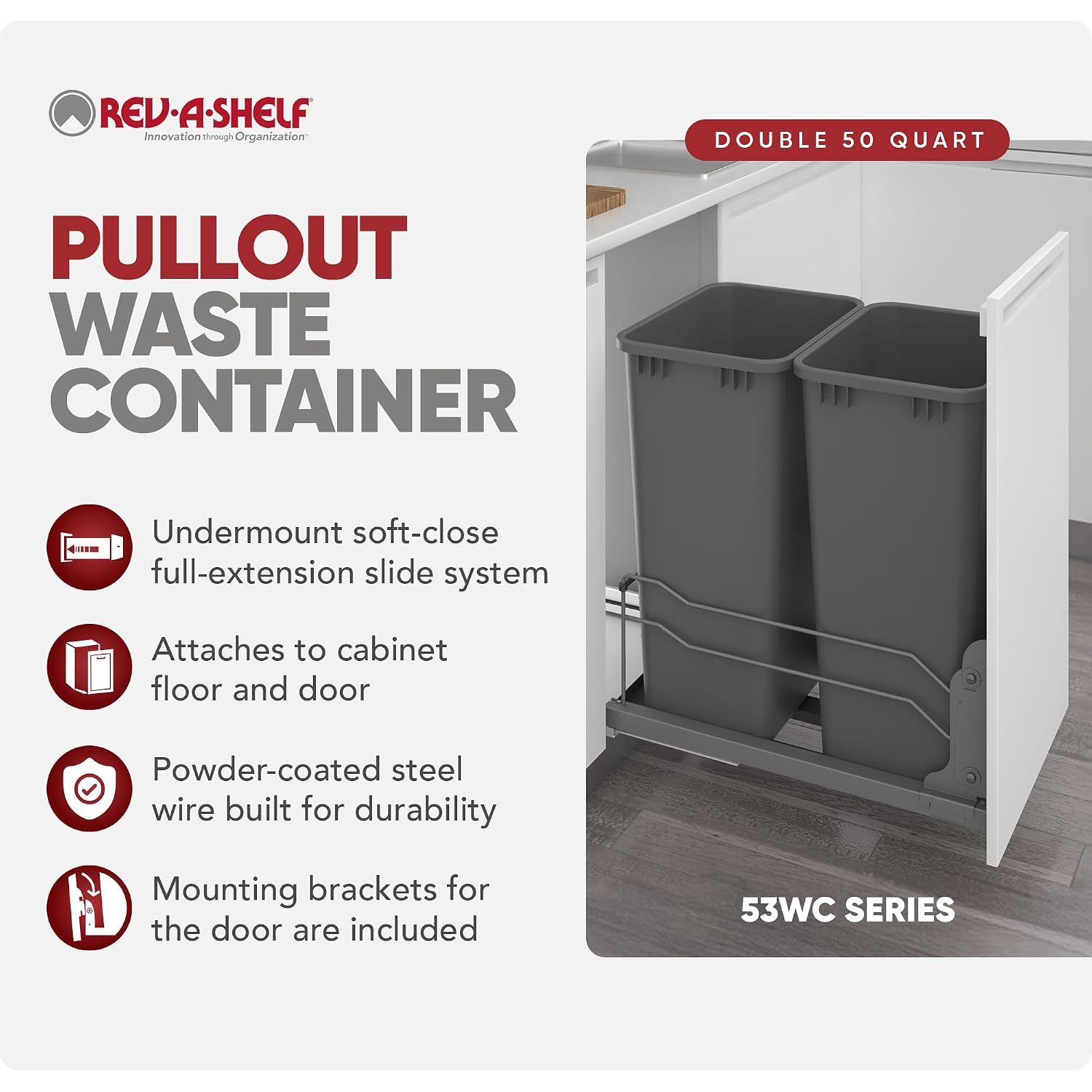 Rev-A-Shelf Double Pullout Trash Can w/Soft-Close Slides, 14.5" Min Opening | Large Capacity Garbage/ Recycling Bins for Full Height Kitchen Cabinets, Heavy Gauge Wire Construction, 53WC-2150SCDM-217