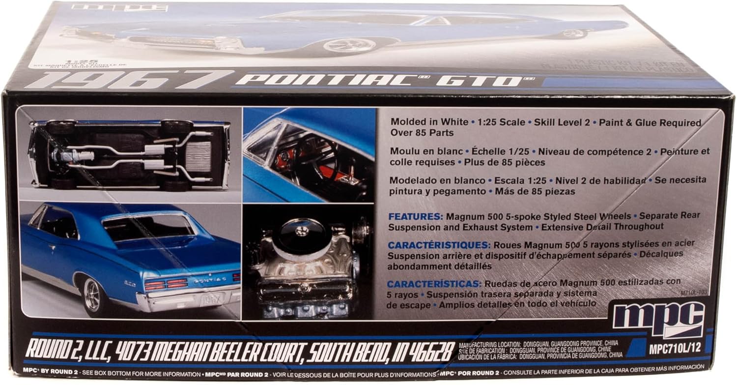 MPC: 1:25 Scale Model Kit - 1967 Pontiac GTO - Blue, 85+ Parts - Skill Level 2, Authentic Vehicle Building Kit, Replica Classic Car, Age 14+