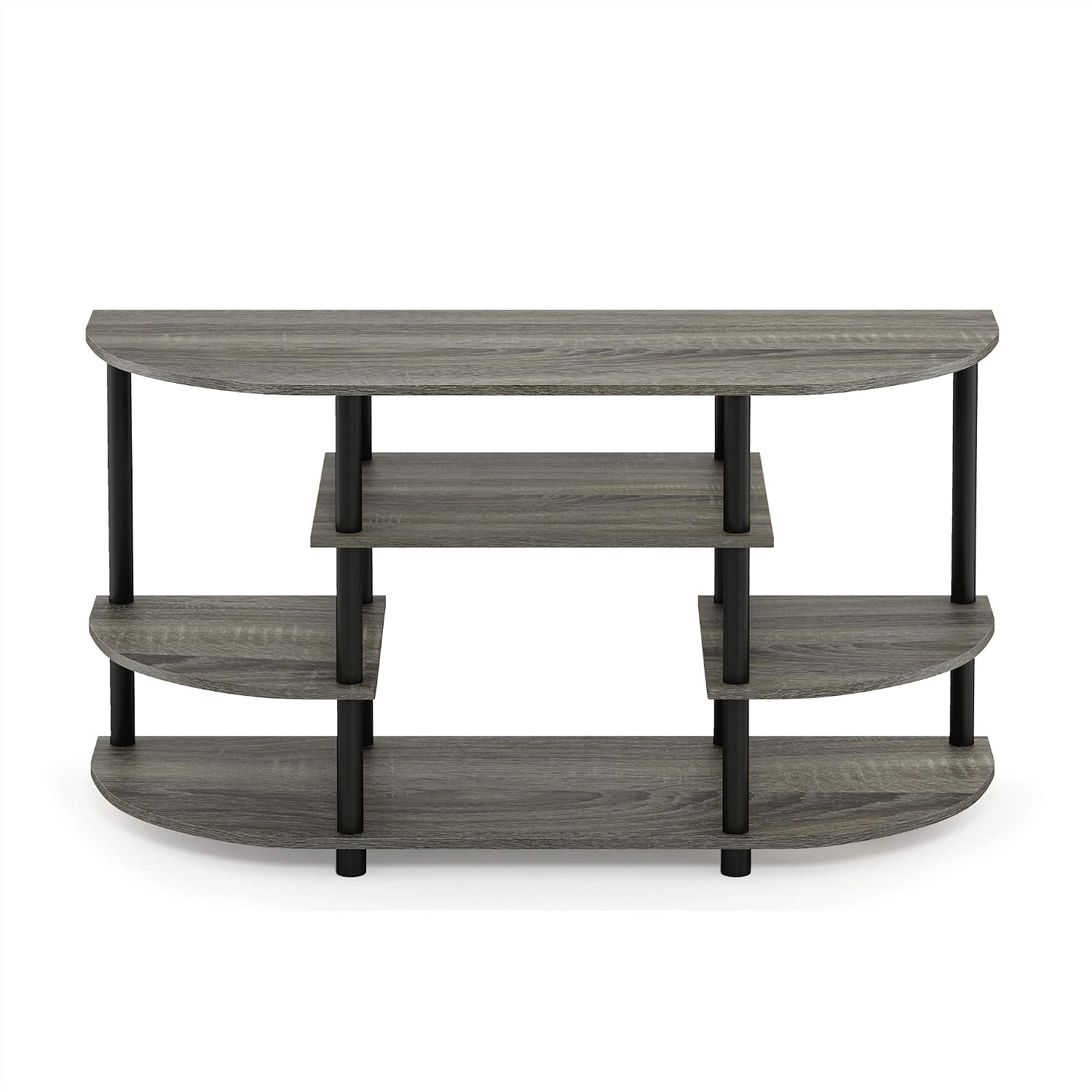 Furinno Turn-N-Tube No Tools Entertainment Center, Round Square Corner, French Oak Grey/Black | Raised Top, Open Shelves TV Console with for TV up to 32 Inch, for Living Room, Bedroom