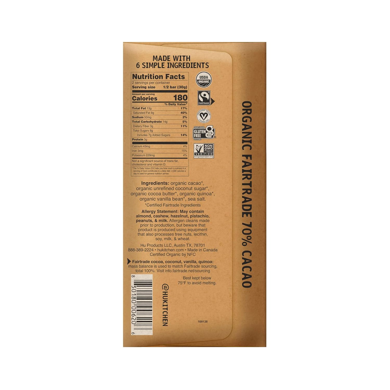 Hu Vanilla Crunch Dark Chocolate Bar, 2.1 Ounce Bar, 1 Count