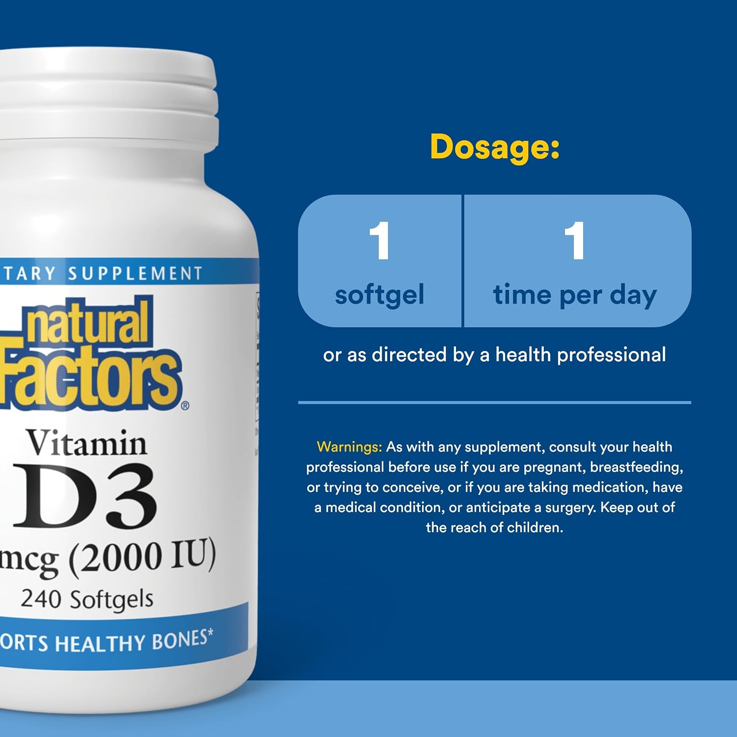 Natural Factors, Vitamin D3 2000 IU (50 mcg), Supports Strong Bones, Muscles and Immune Function, 120 Softgels