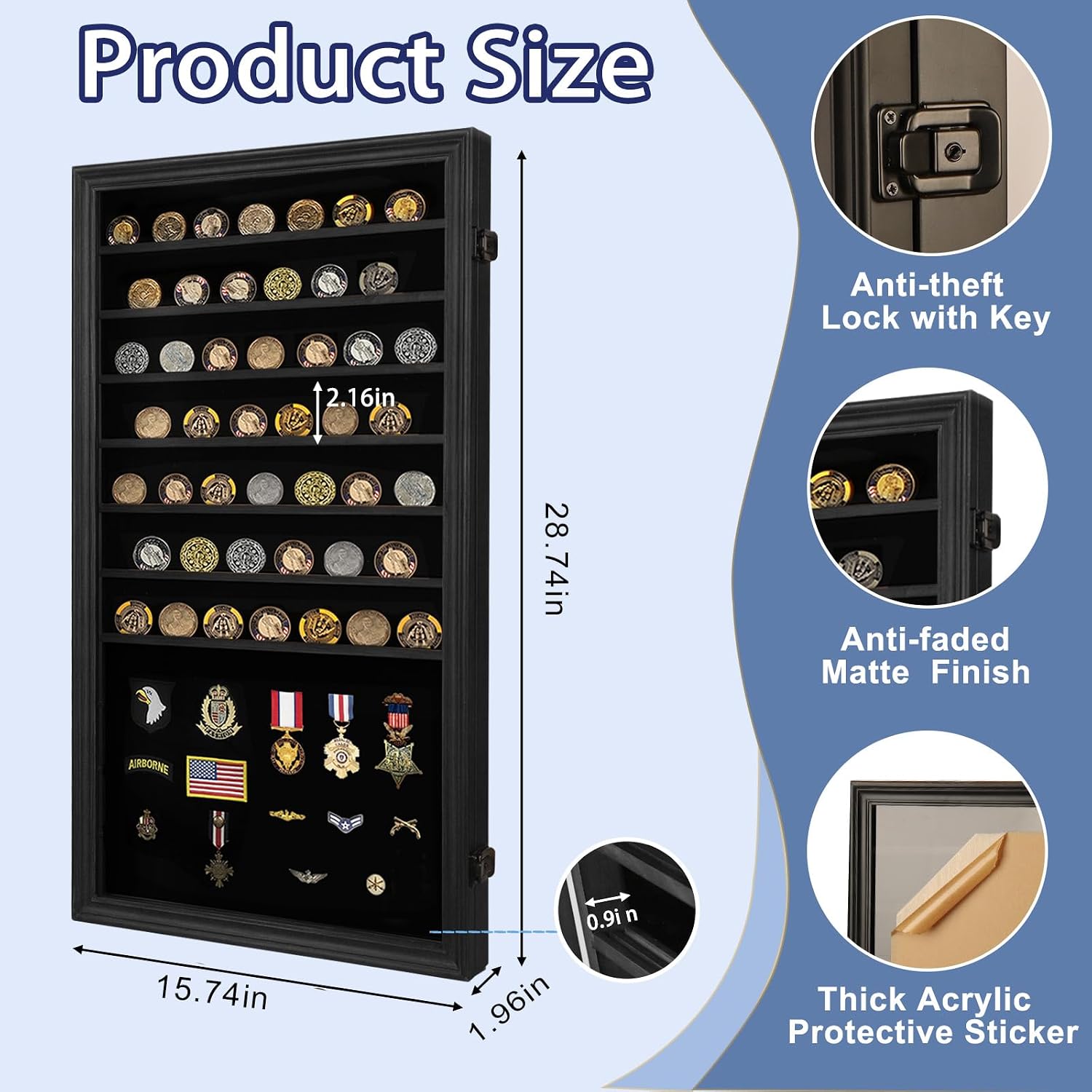 Jinchuan Military Challenge Coin Display Case Lockable Cabinet Rack Holder Shadow Box with Removable 2 Grooves Shelves and Anti Dust Door for Casino
