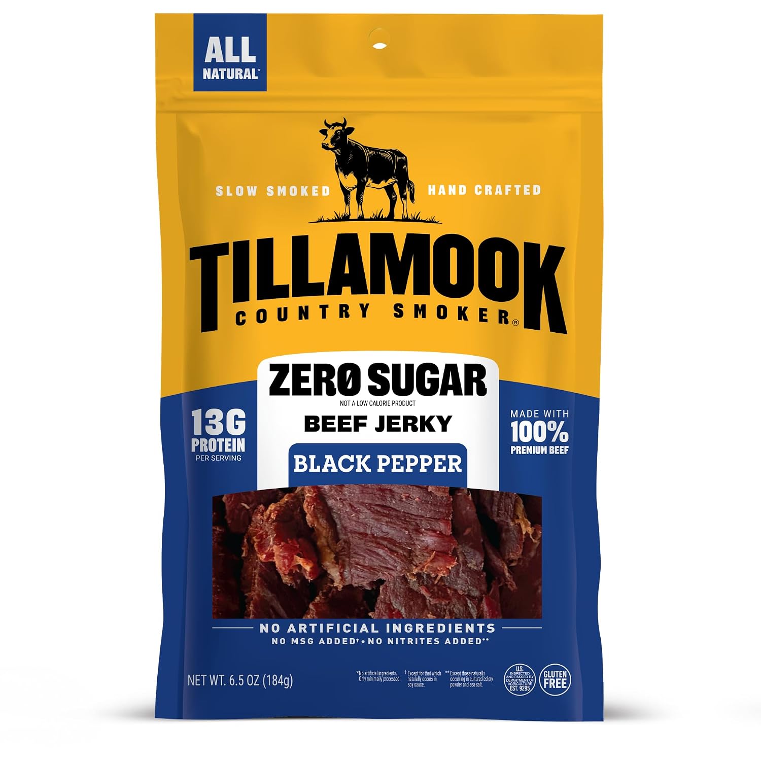 Tillamook Country Smoker Zero Sugar Original Beef Jerky Sticks, 6.5 Oz, 14g Protein, Real Hardwood Slow-Smoked, High Protein, Low Carb Meat Snacks, Keto-Friendly, 0g Sugar & Total Carbs