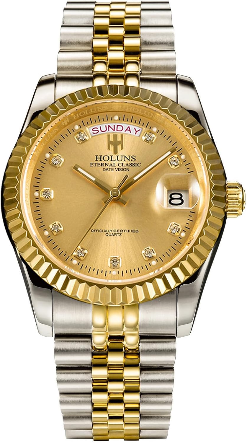 41MM Men's Gold Plated Stainless Steel Waterproof Quartz Watch Luxury Wristwatch with Date Week Display