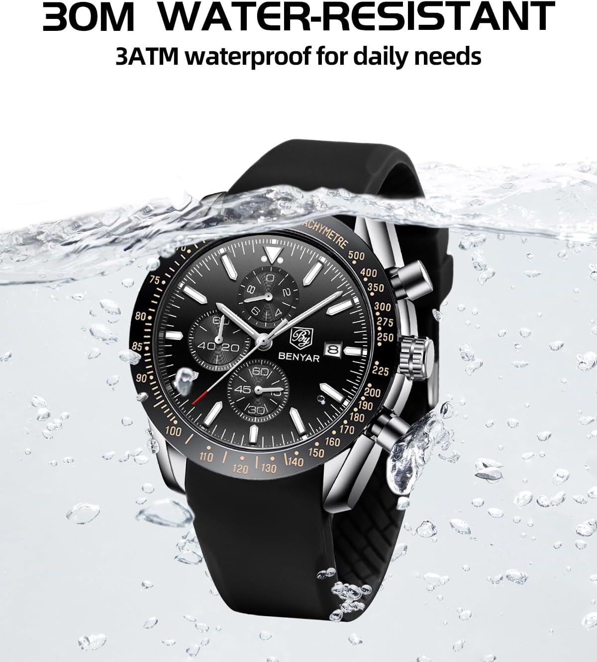 BENYAR Watch for Men Analog Quartz Chronograph Waterproof Luminous Designer Mens Wrist Watches Business Work Sport Casual Dress Watch with Silicone Strap Elegant Gifts for Men