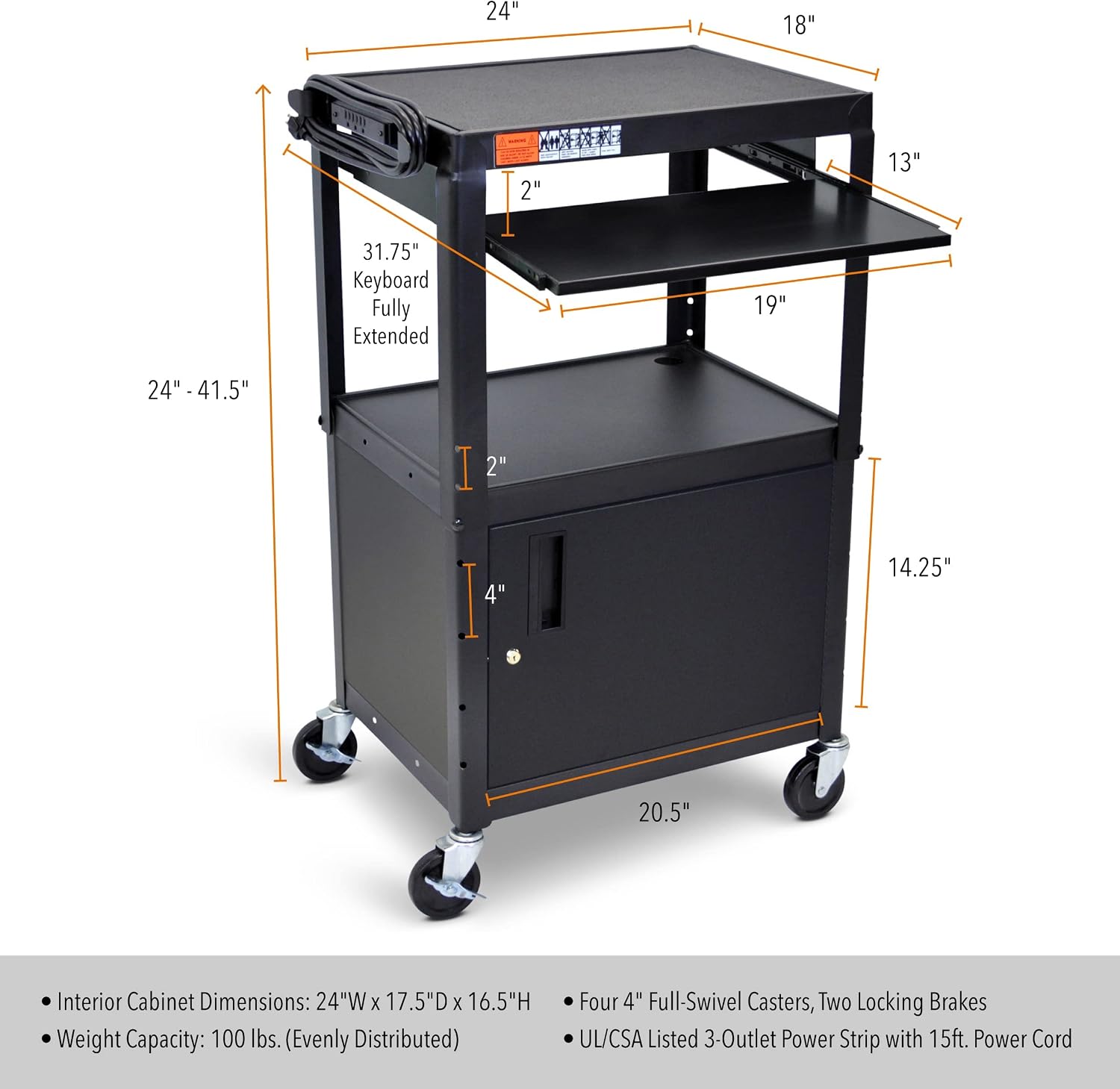 Line Leader AV Cart w/Locking Cabinet, Black Metal Utility Cart with Storage Shelf - Height Adjustable, Mobile and Great for Offices, Classrooms, Libraries (Black, 24in x 18in)